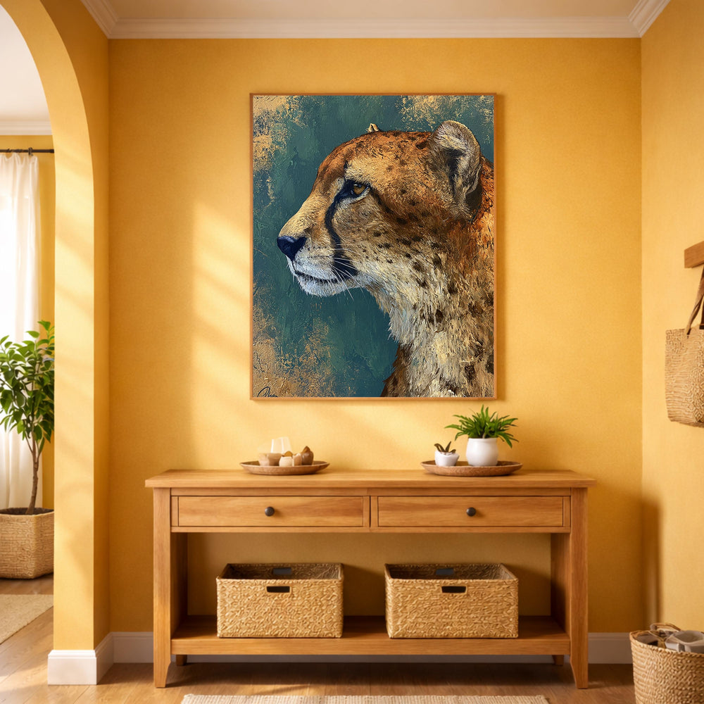 Cheetah Portrait Wall Art Print, Emerald Green Animal Print Decor, Moody Wild Cat Canvas, Teal Gold Wildlife Wall Art,Bold Safari Room Decor