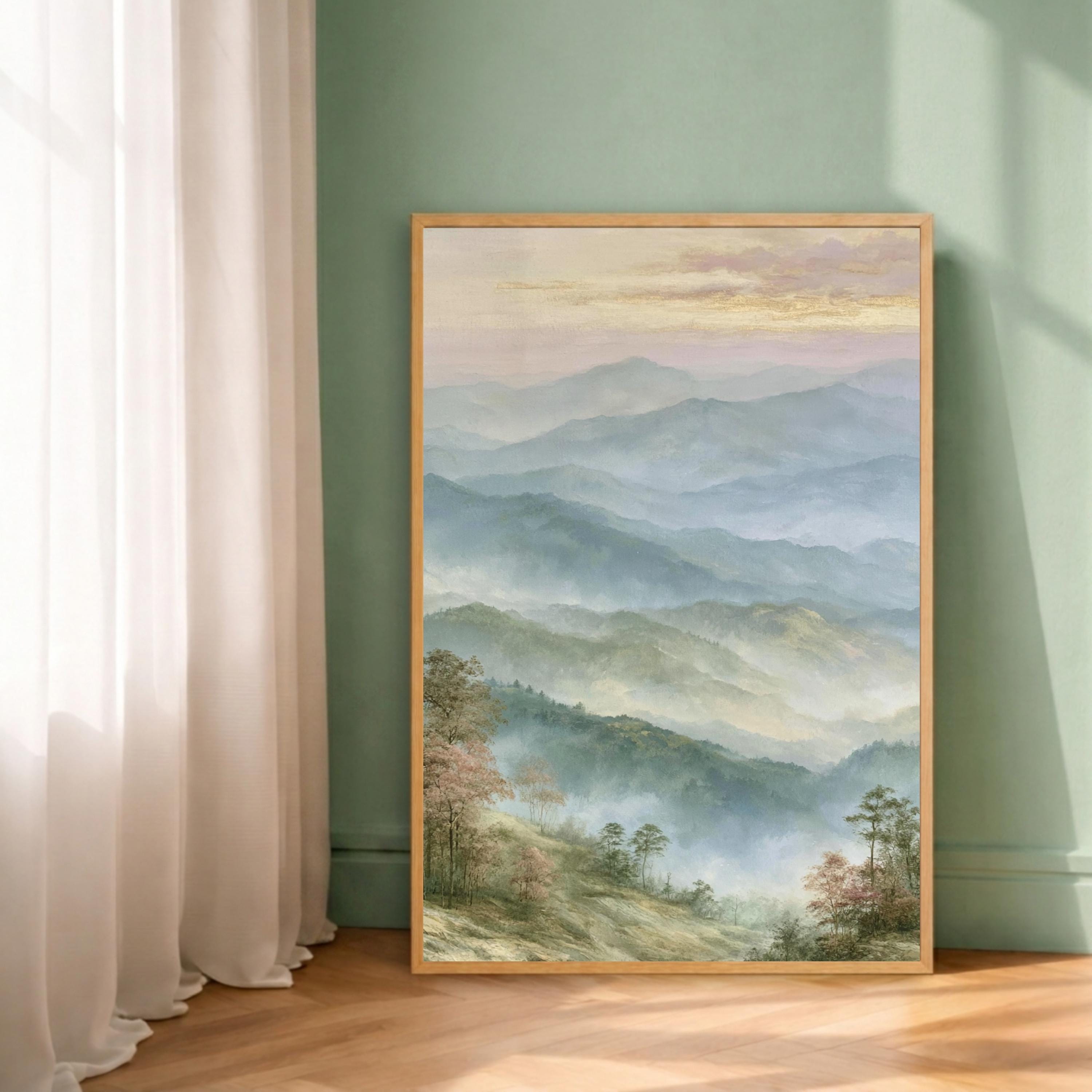 Misty Mountain Wall Art Print, Blue Ridge Mountains Portrait Print, Soft Pastel Landscape Wall Decor, Foggy Forest Vertical Art Print