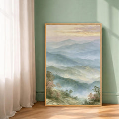 Misty Mountain Wall Art Print, Blue Ridge Mountains Portrait Print, Soft Pastel Landscape Wall Decor, Foggy Forest Vertical Art Print