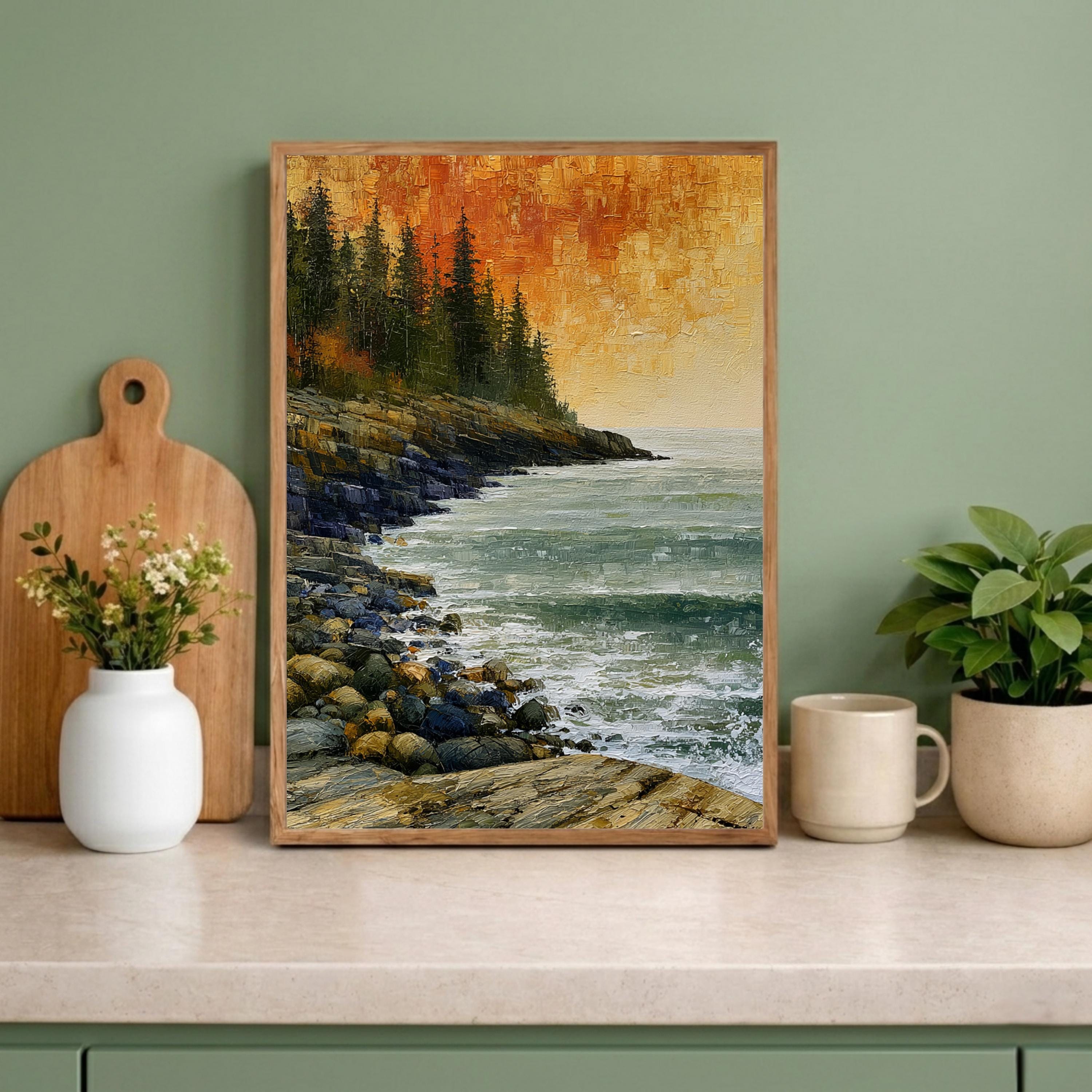 Rocky Coast of Maine Wall Art Print, Coastal Landscape Canvas Decor, Rustic Ocean Cliff Artwork, New England Seascape Wall Art