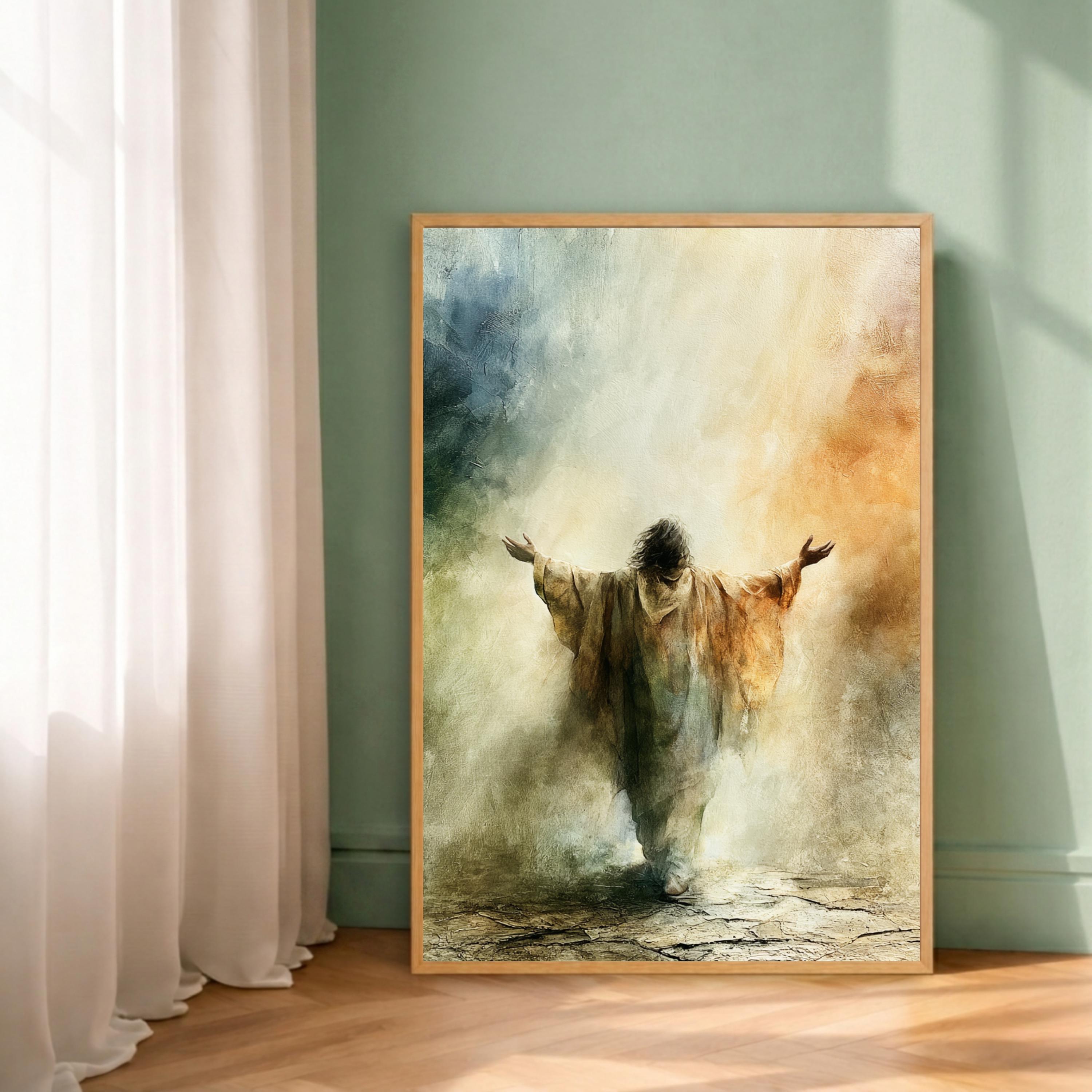 Heavenly Jesus Portrait Wall Art Print, Christian Canvas Wall Decor, Neutral Religious Artwork, Faith Based Living Room Decor
