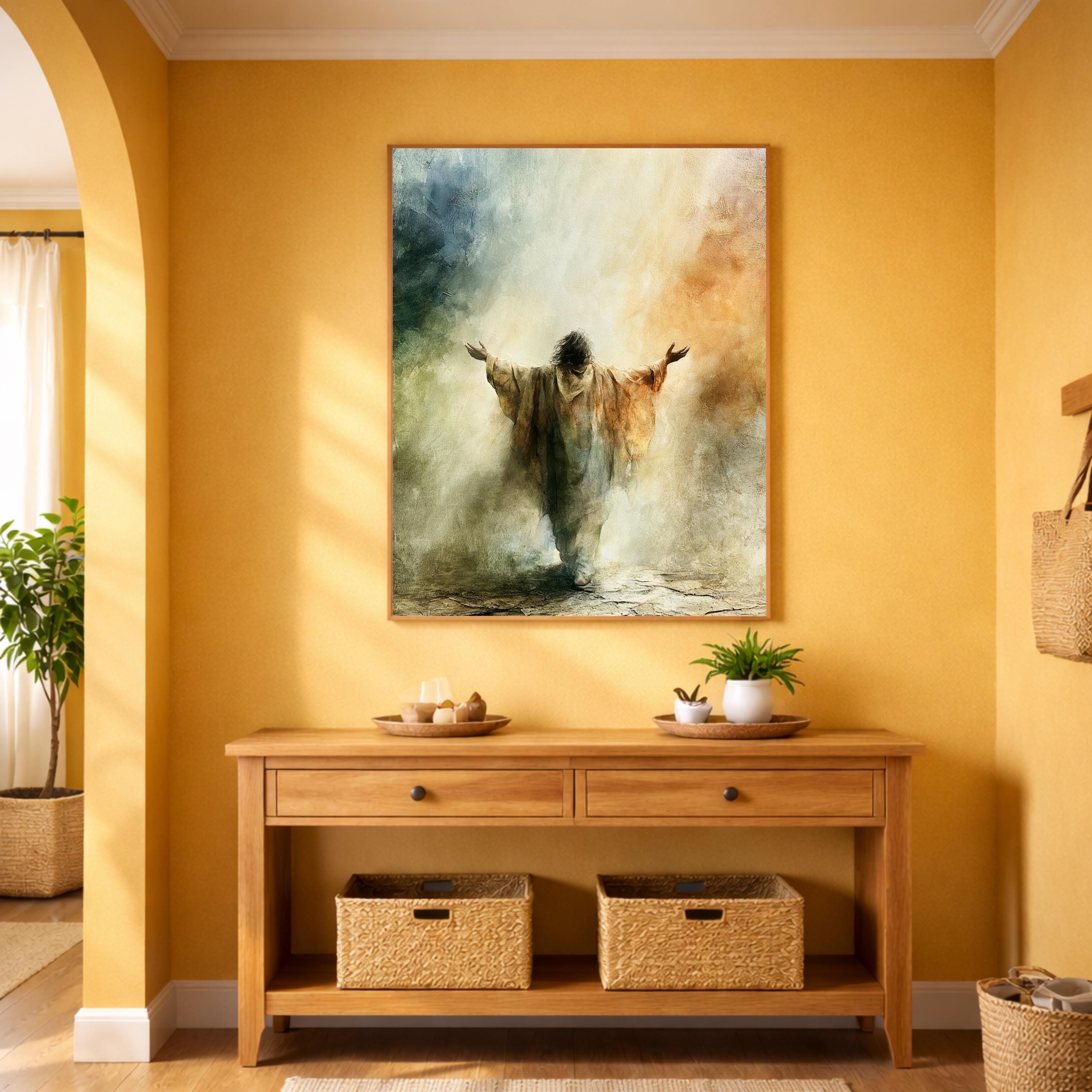 Heavenly Jesus Portrait Wall Art Print, Christian Canvas Wall Decor, Neutral Religious Artwork, Faith Based Living Room Decor