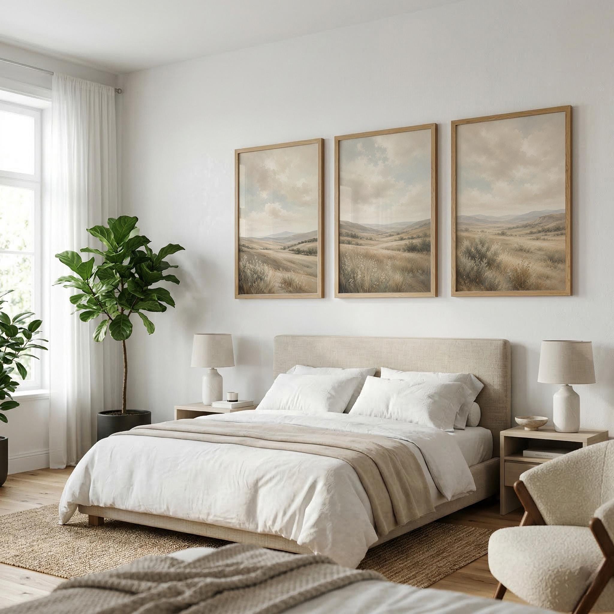 Set of 3 Landscape Wall Art, Neutral Countryside Canvas, Soft Mountain Meadow Artwork, Earthy Bedroom Farmhouse Wall Decor
