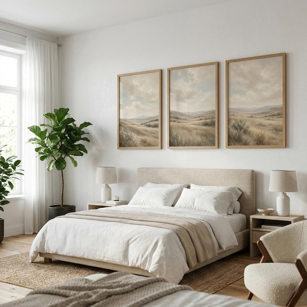 Set of 3 Landscape Wall Art, Neutral Countryside Canvas, Soft Mountain Meadow Artwork, Earthy Bedroom Farmhouse Wall Decor