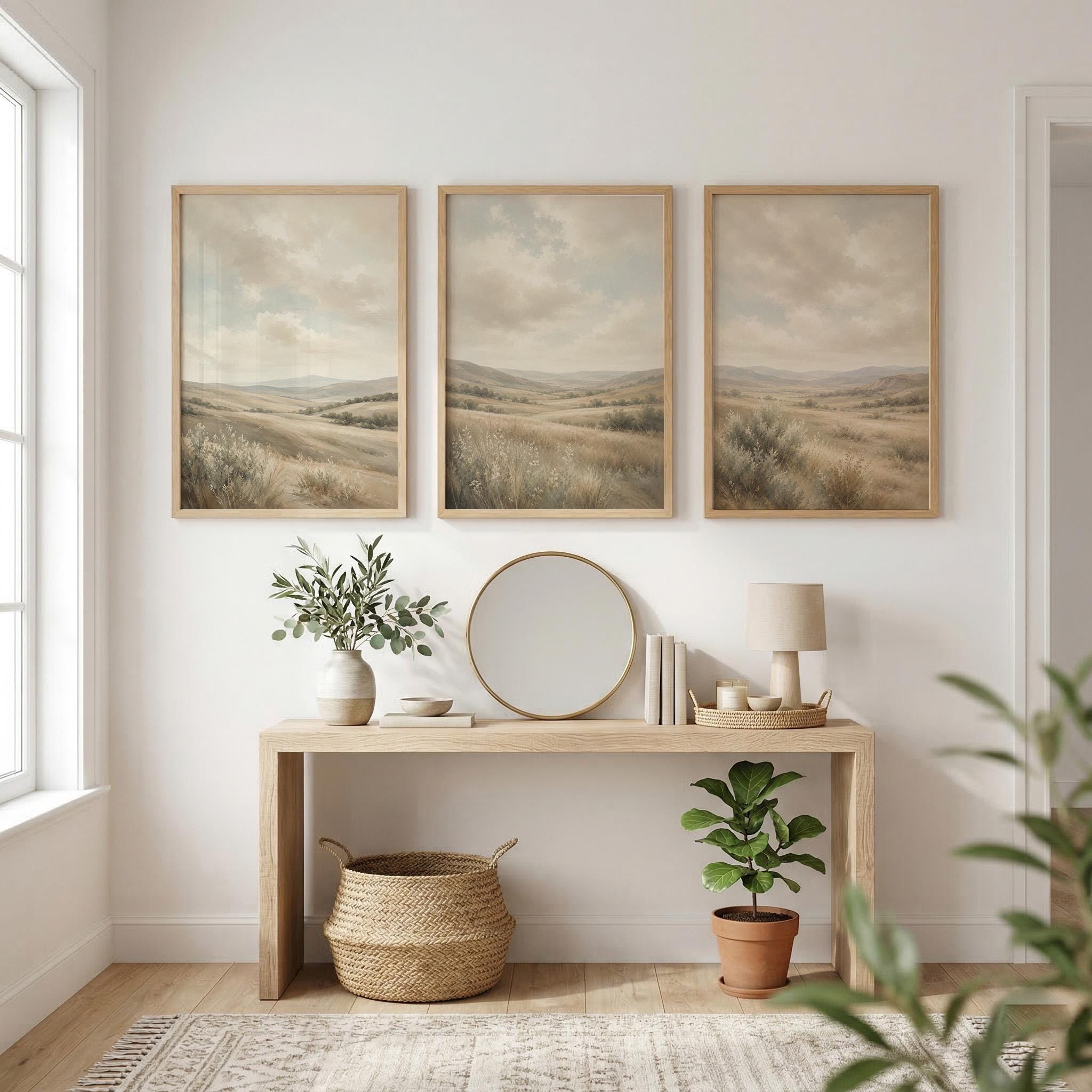Set of 3 Landscape Wall Art, Neutral Countryside Canvas, Soft Mountain Meadow Artwork, Earthy Bedroom Farmhouse Wall Decor