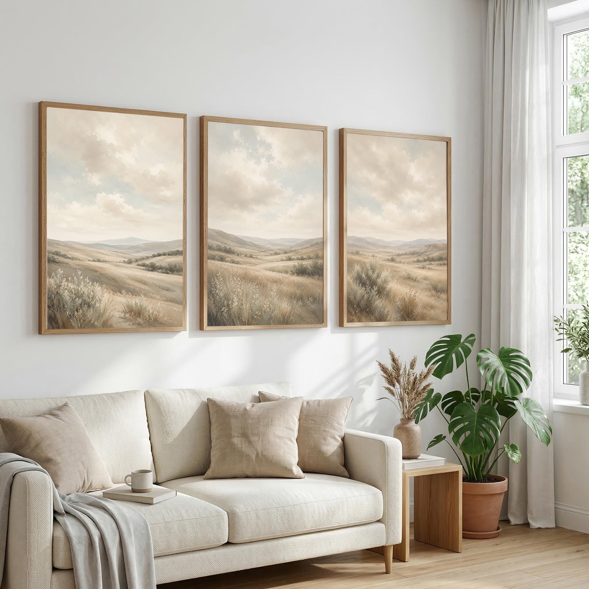 Set of 3 Landscape Wall Art, Neutral Countryside Canvas, Soft Mountain Meadow Artwork, Earthy Bedroom Farmhouse Wall Decor