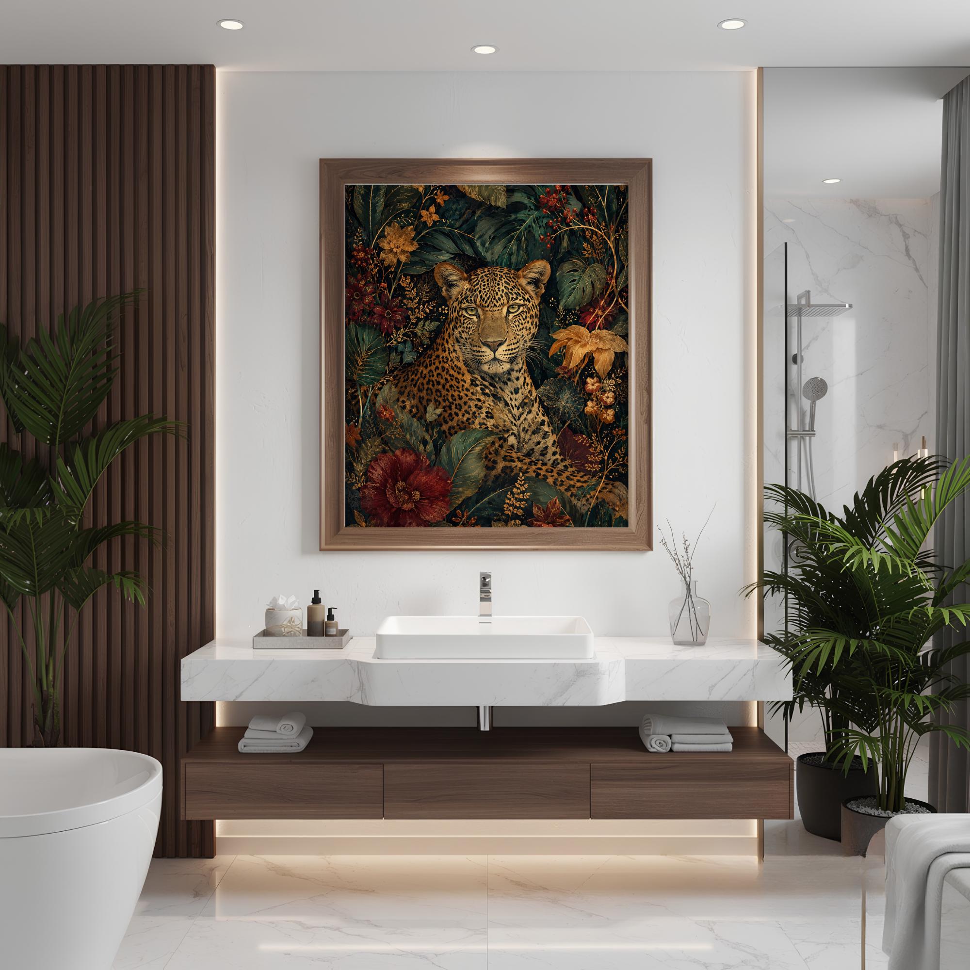 Jungle Leopard Wall Art, Canvas Print, Poster, Framed Canvas, Dark Floral Animal Decor, Tropical Botanical Artwork, Eclectic Home Accent
