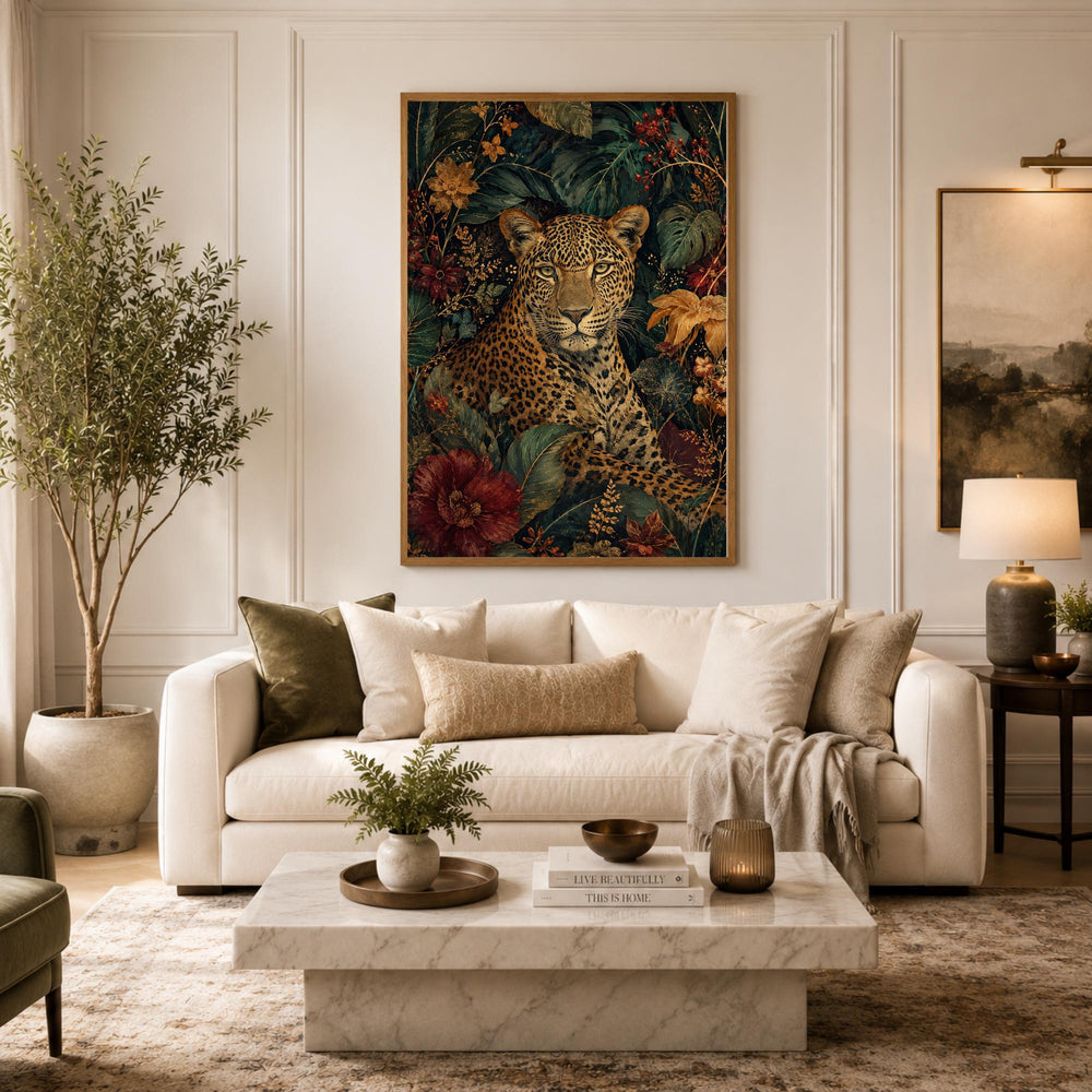 Jungle Leopard Wall Art, Canvas Print, Poster, Framed Canvas, Dark Floral Animal Decor, Tropical Botanical Artwork, Eclectic Home Accent