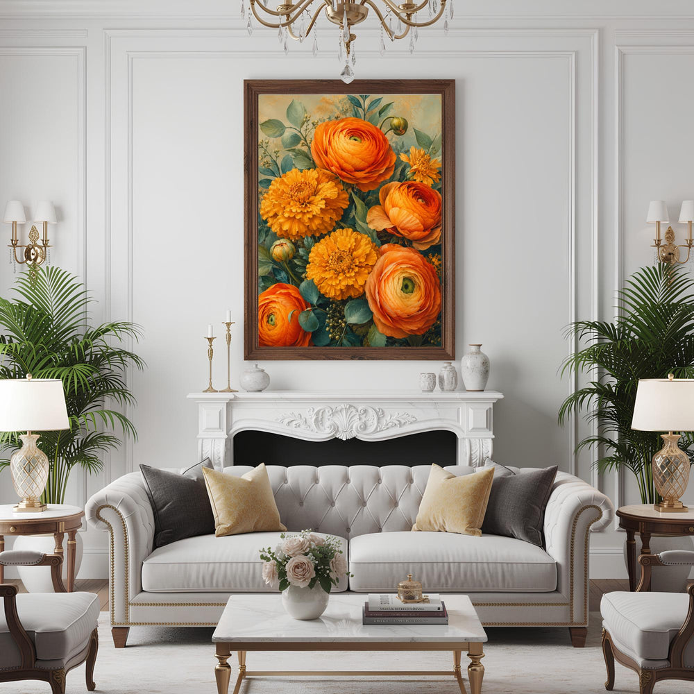 Marigold Flower Wall Art, Canvas Print, Poster, Framed Canvas, Warm Botanical Decor, Vintage Garden Artwork For Cozy Bedroom Accent
