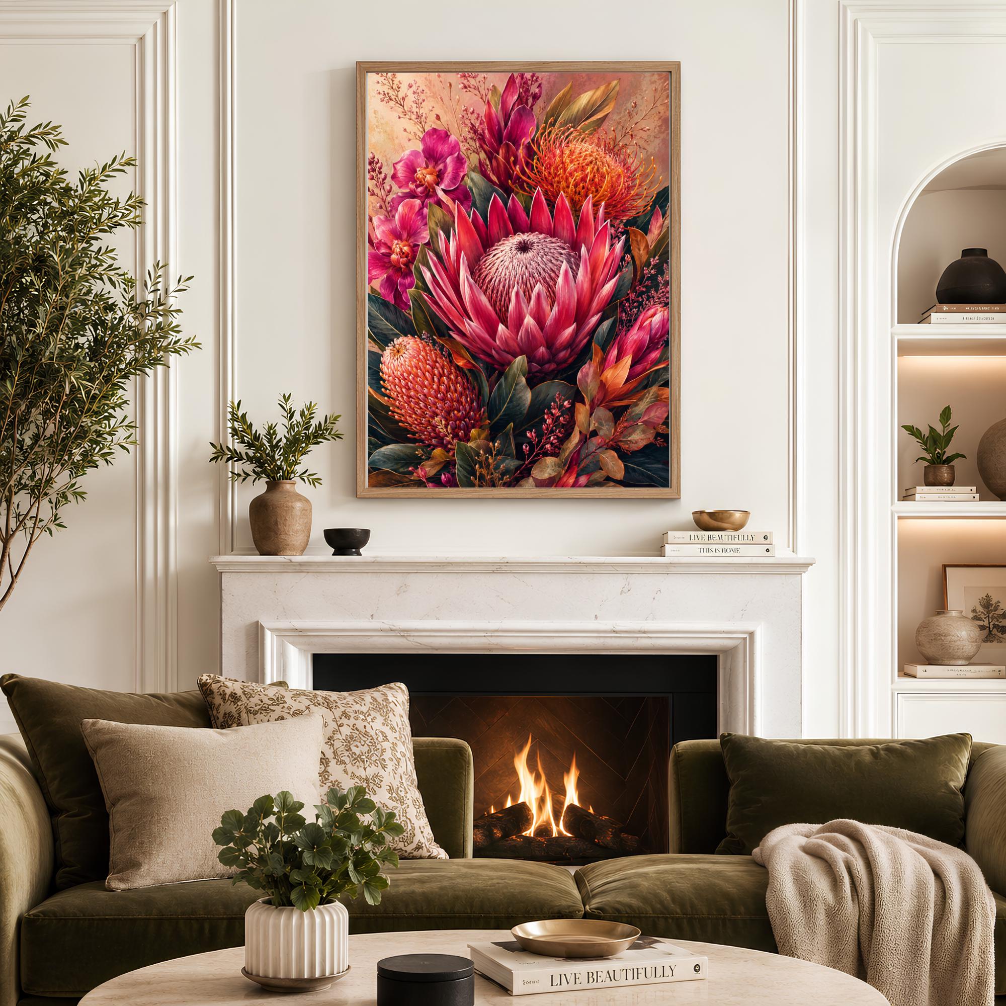 Pink Protea Wall Art, Canvas Print, Poster, Framed Canvas, Tropical Flower Decor, Botanical Artwork For Bedroom Gallery Wall Accent