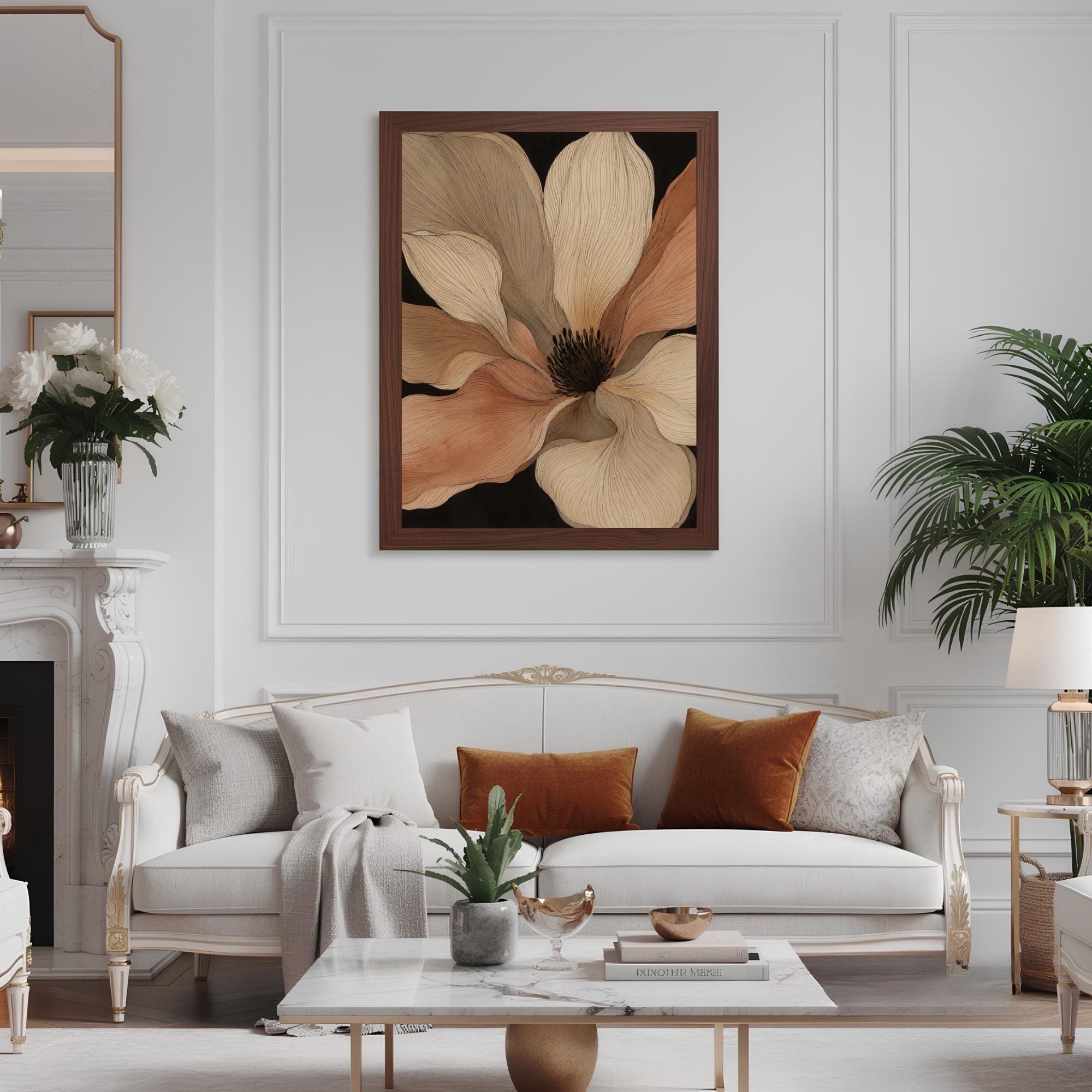 Oversized Flower Wall Art, Canvas Print, Poster, Framed Canvas, Neutral Botanical Decor, Modern Minimalist Bedroom Wall Accent Decor