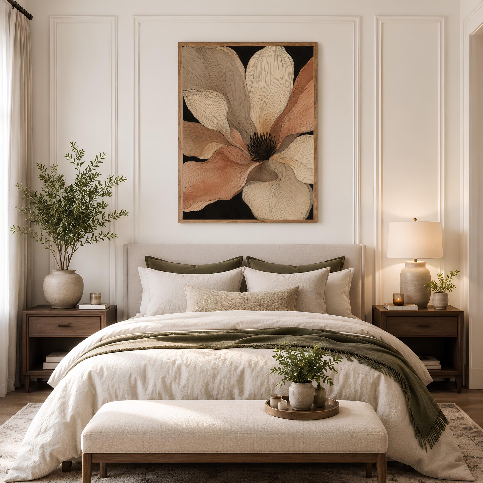 Oversized Flower Wall Art, Canvas Print, Poster, Framed Canvas, Neutral Botanical Decor, Modern Minimalist Bedroom Wall Accent Decor