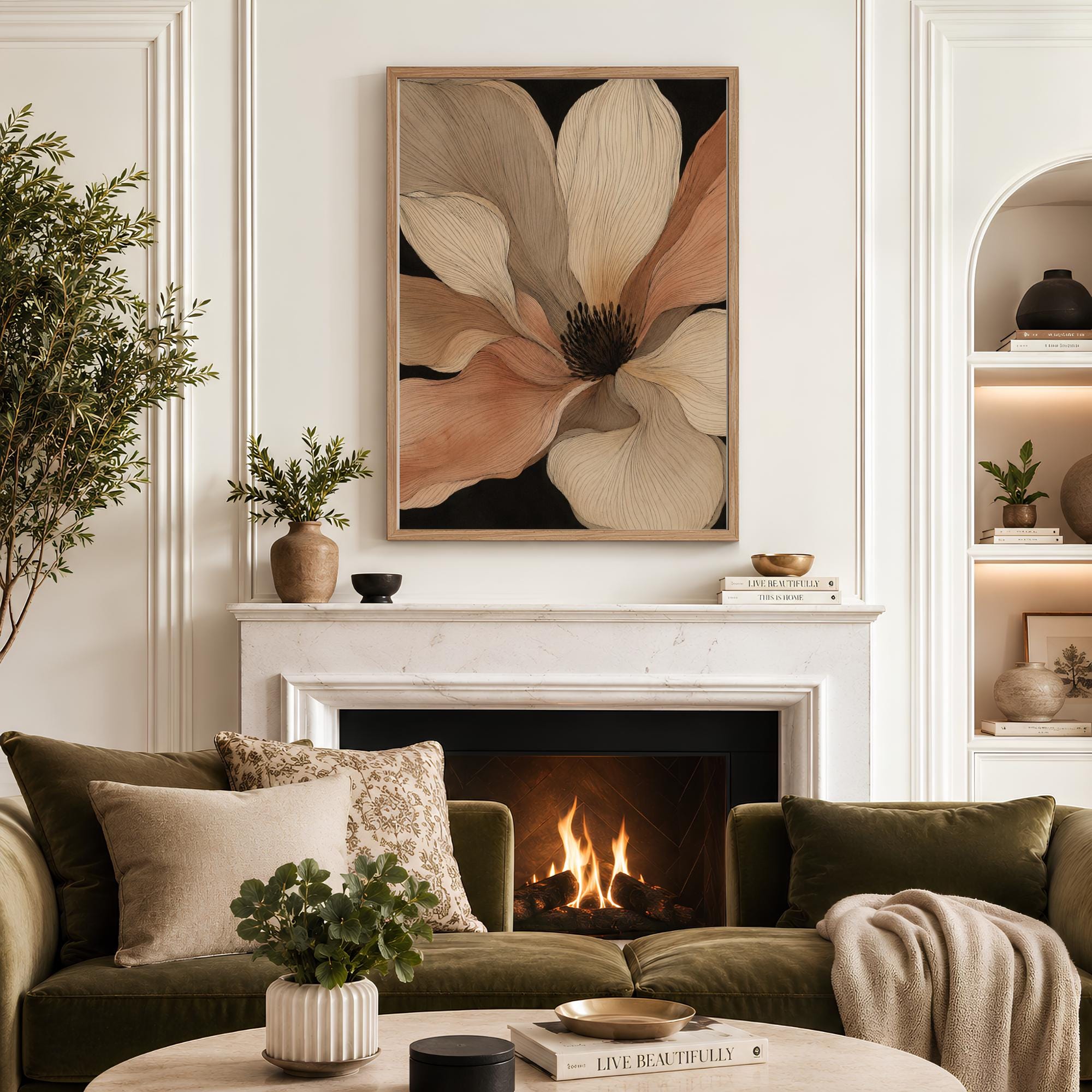 Oversized Flower Wall Art, Canvas Print, Poster, Framed Canvas, Neutral Botanical Decor, Modern Minimalist Bedroom Wall Accent Decor