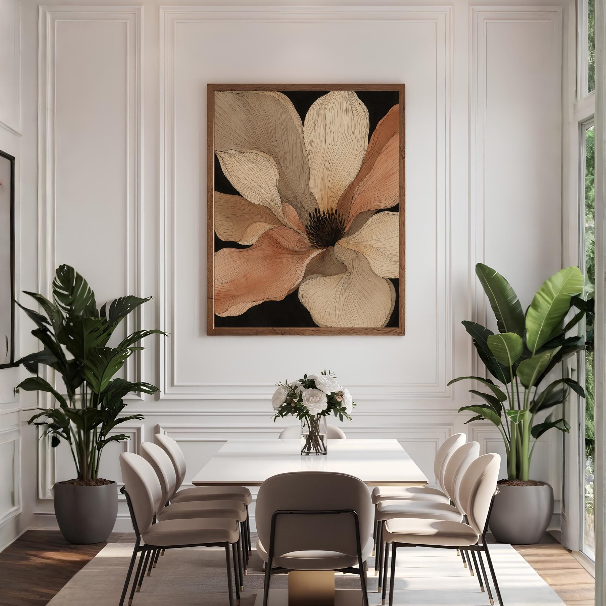 Oversized Flower Wall Art, Canvas Print, Poster, Framed Canvas, Neutral Botanical Decor, Modern Minimalist Bedroom Wall Accent Decor