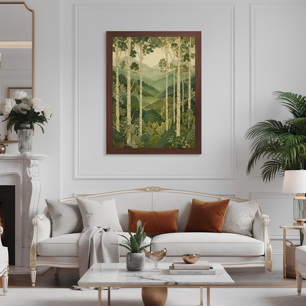 Birch Forest Wall Art, Canvas Print, Poster, Framed Canvas, Green Mountain Decor, Woodland Nature Artwork For Cottagecore Home Poster