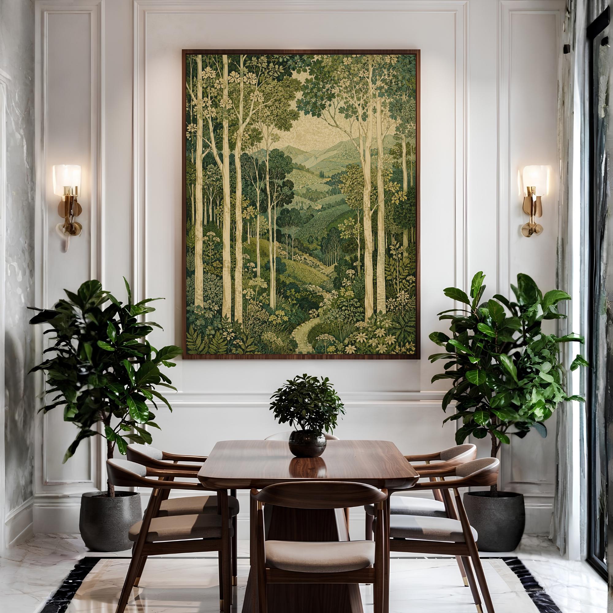Green Forest Wall Art, Canvas Print, Poster, Framed Canvas, Birch Tree Decor, Woodland Mountain Artwork For Bathroom Spa Decor Accent