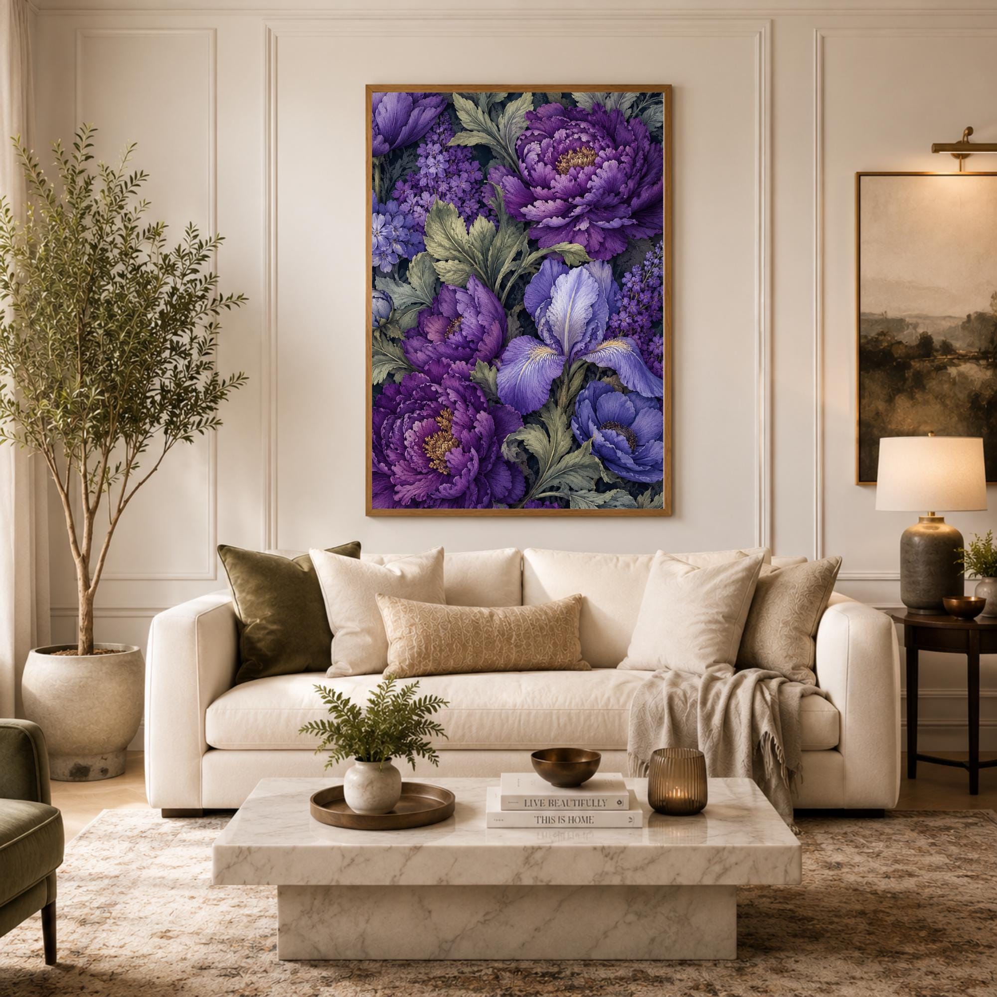 Purple Peony Wall Art, Canvas Print, Poster, Framed Canvas, Iris Flower Decor, Vintage Botanical Artwork For Dining Room Accent Print