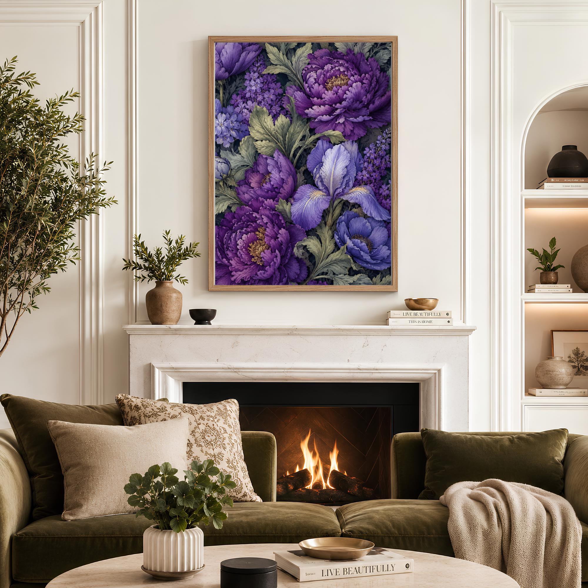 Purple Peony Wall Art, Canvas Print, Poster, Framed Canvas, Iris Flower Decor, Vintage Botanical Artwork For Dining Room Accent Print