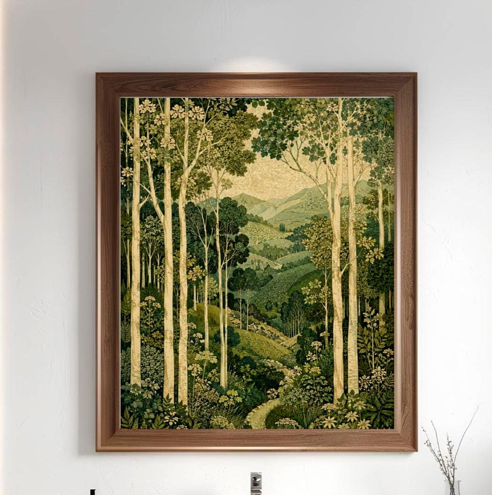 Green Forest Wall Art, Canvas Print, Poster, Framed Canvas, Birch Tree Decor, Woodland Mountain Artwork For Bathroom Spa Decor Accent