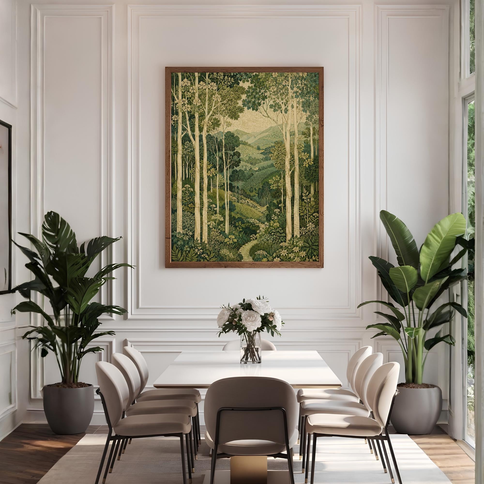 Green Forest Wall Art, Canvas Print, Poster, Framed Canvas, Birch Tree Decor, Woodland Mountain Artwork For Bathroom Spa Decor Accent