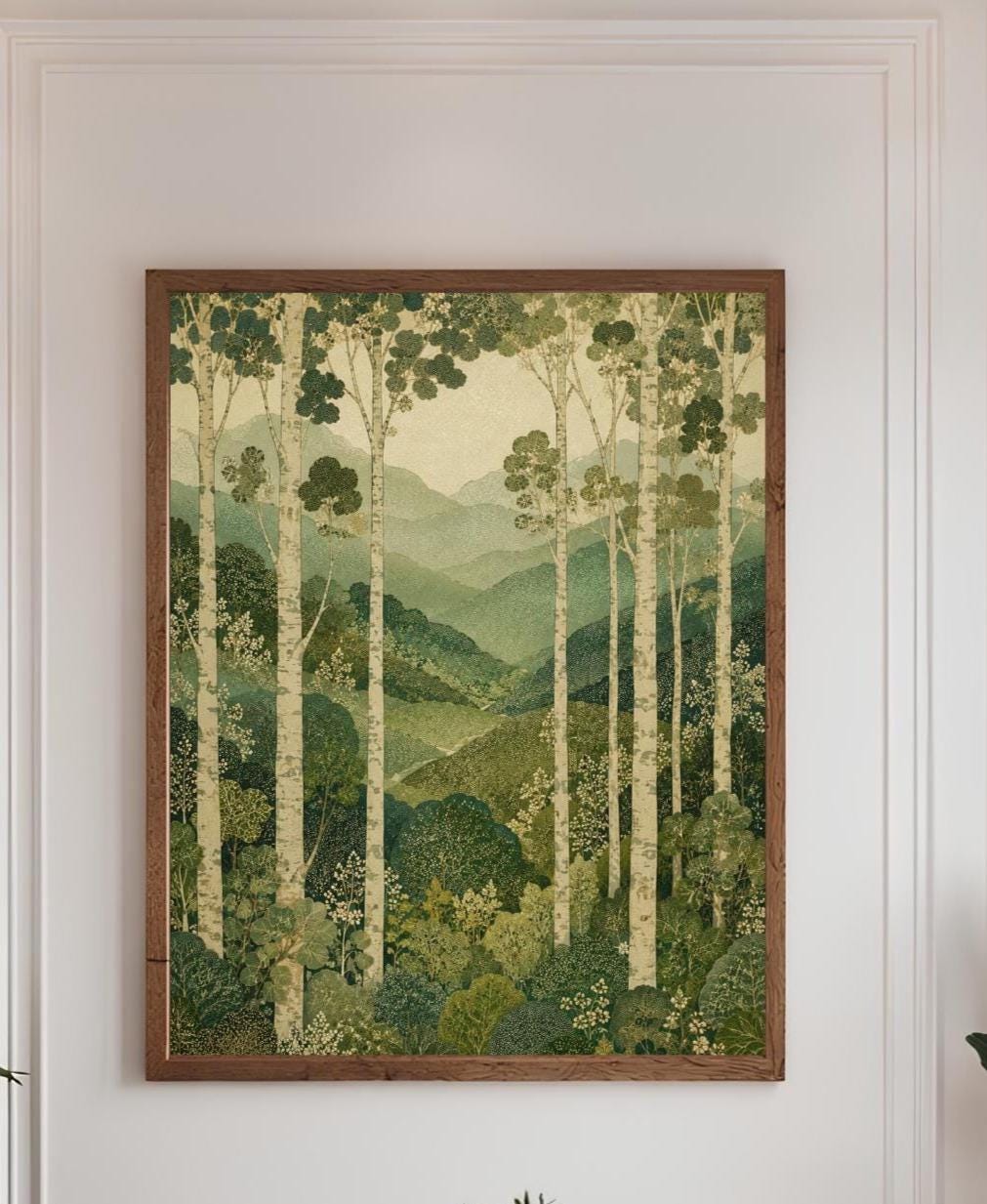 Birch Forest Wall Art, Canvas Print, Poster, Framed Canvas, Green Mountain Decor, Woodland Nature Artwork For Cottagecore Home Poster