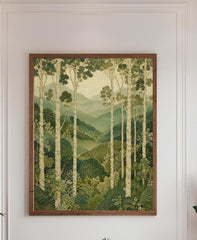 Birch Forest Wall Art, Canvas Print, Poster, Framed Canvas, Green Mountain Decor, Woodland Nature Artwork For Cottagecore Home Poster