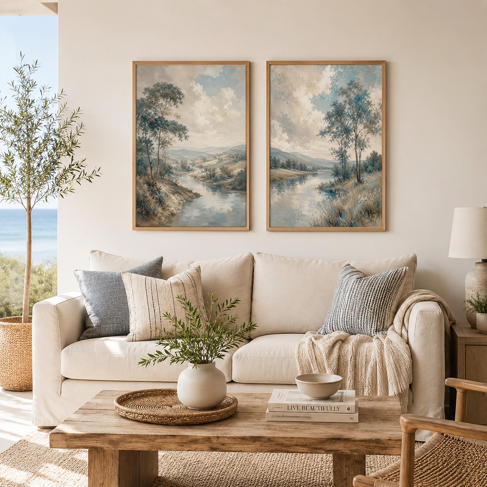 Set of 2 Landscape Canvas Wall Art, Blue River Prints, Rustic Farmhouse Decor, Vintage Nature Artwork, Cottage Living Room Wall Decor Set