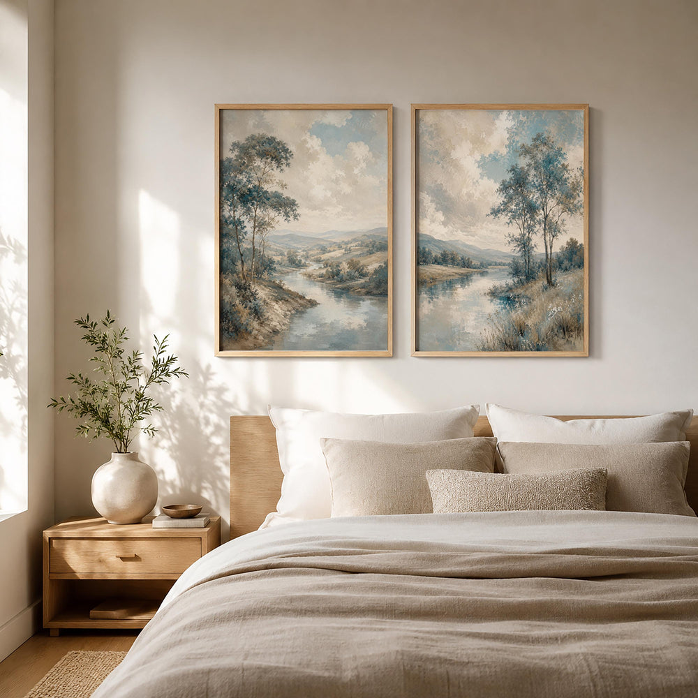 Set of 2 Landscape Canvas Wall Art, Blue River Prints, Rustic Farmhouse Decor, Vintage Nature Artwork, Cottage Living Room Wall Decor Set