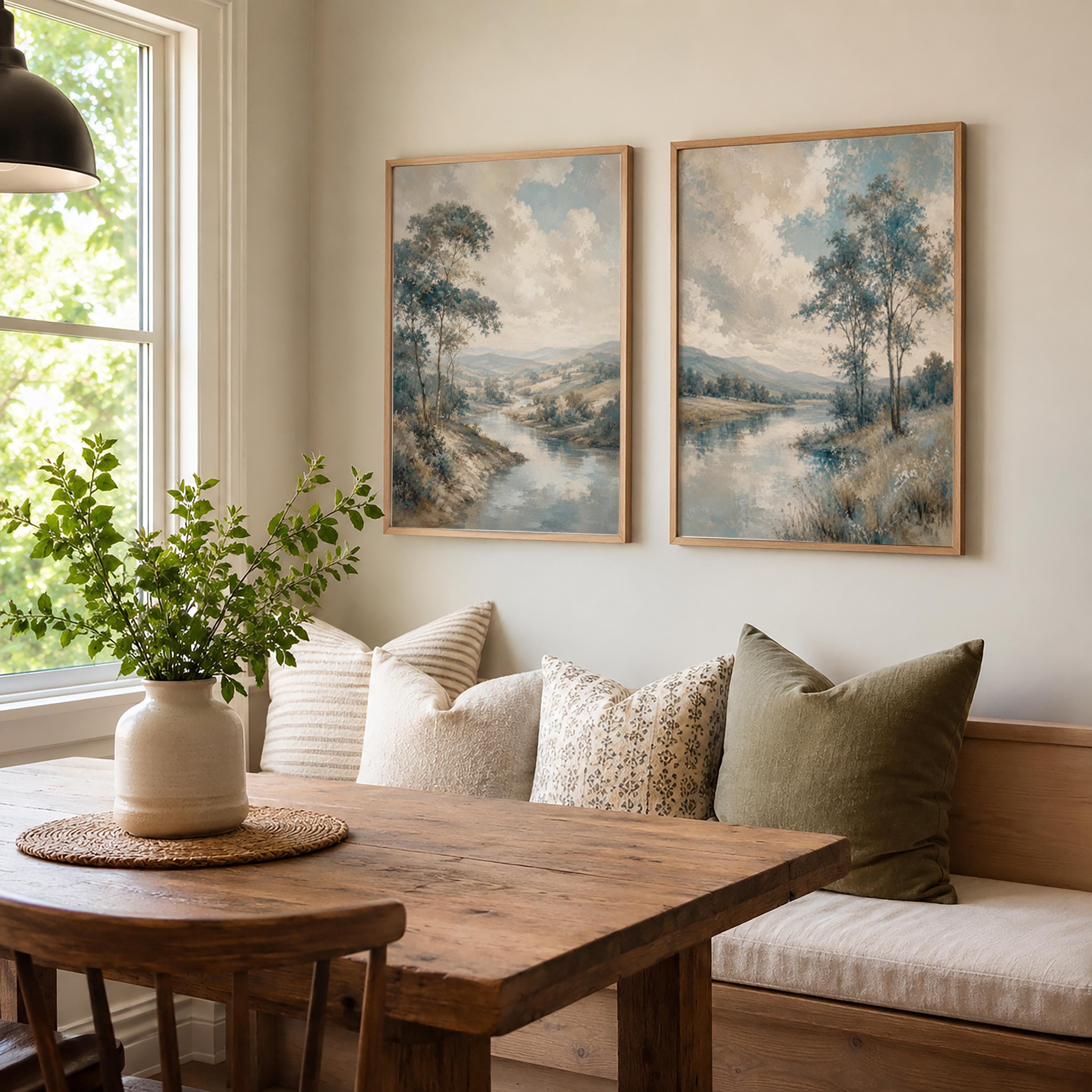 Set of 2 Landscape Canvas Wall Art, Blue River Prints, Rustic Farmhouse Decor, Vintage Nature Artwork, Cottage Living Room Wall Decor Set