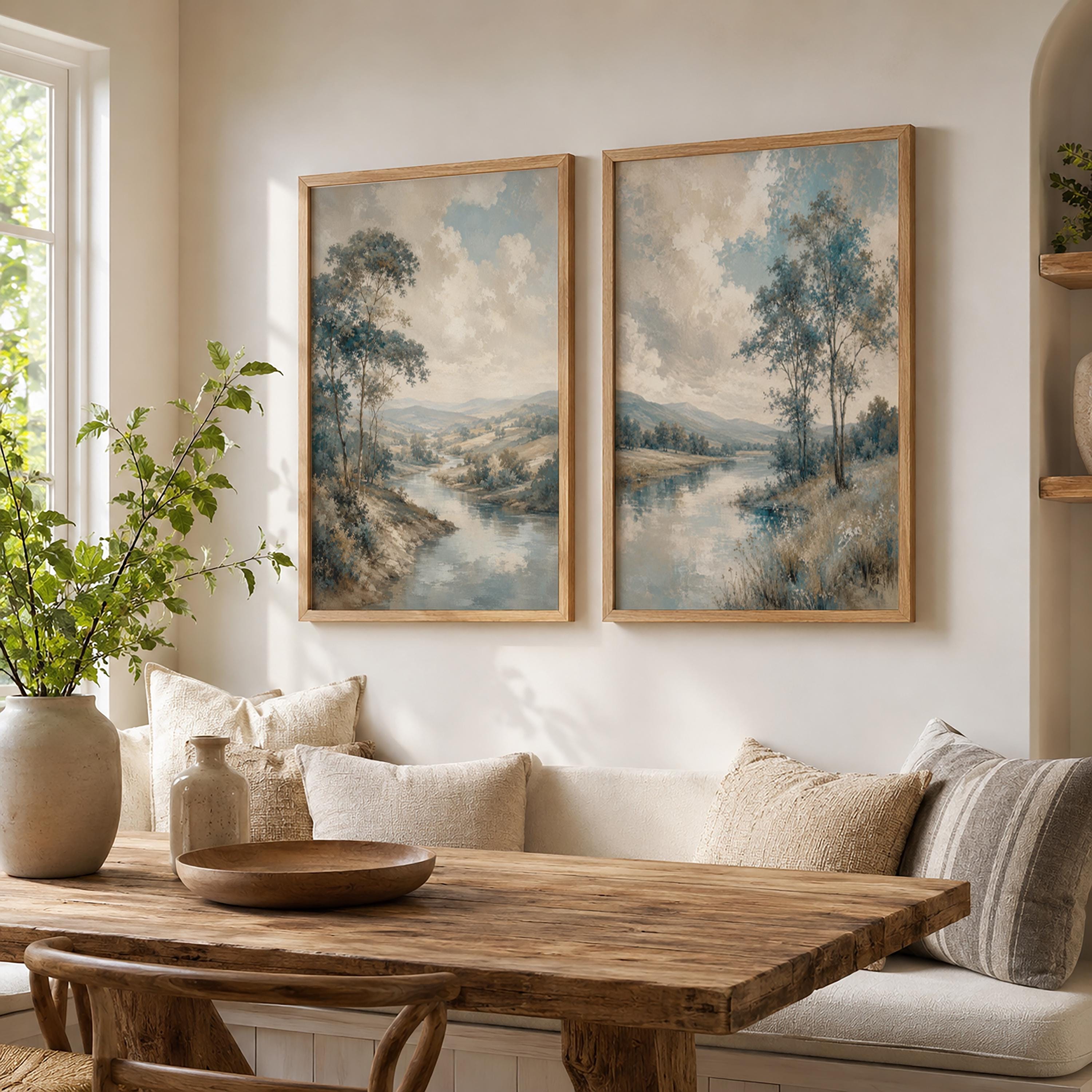 Set of 2 Landscape Canvas Wall Art, Blue River Prints, Rustic Farmhouse Decor, Vintage Nature Artwork, Cottage Living Room Wall Decor Set