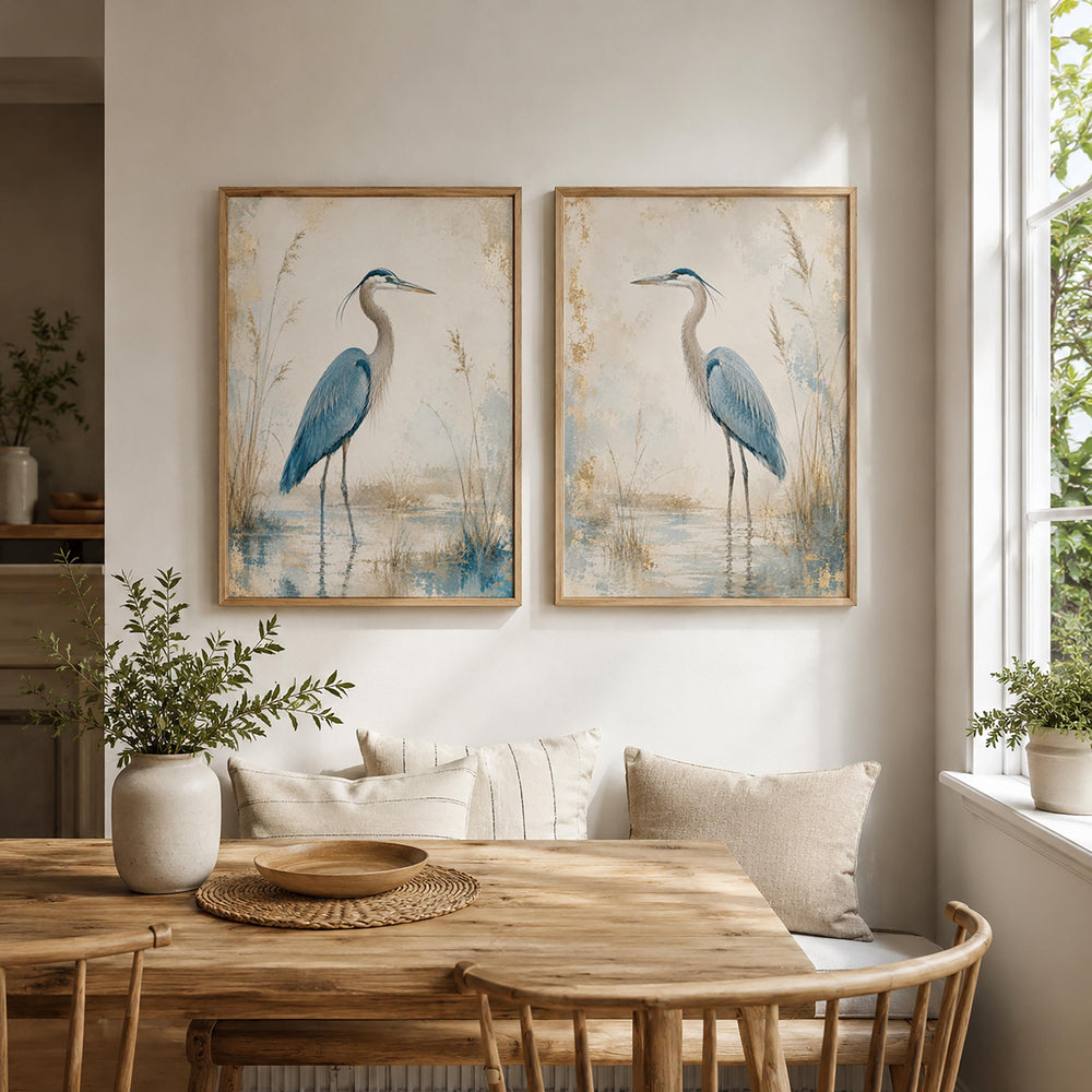 Set of 2 Blue Heron Canvas Wall Art, Coastal Bird Prints, Rustic Farmhouse Decor, Lake House Artwork, Nature Wall Decor Pair