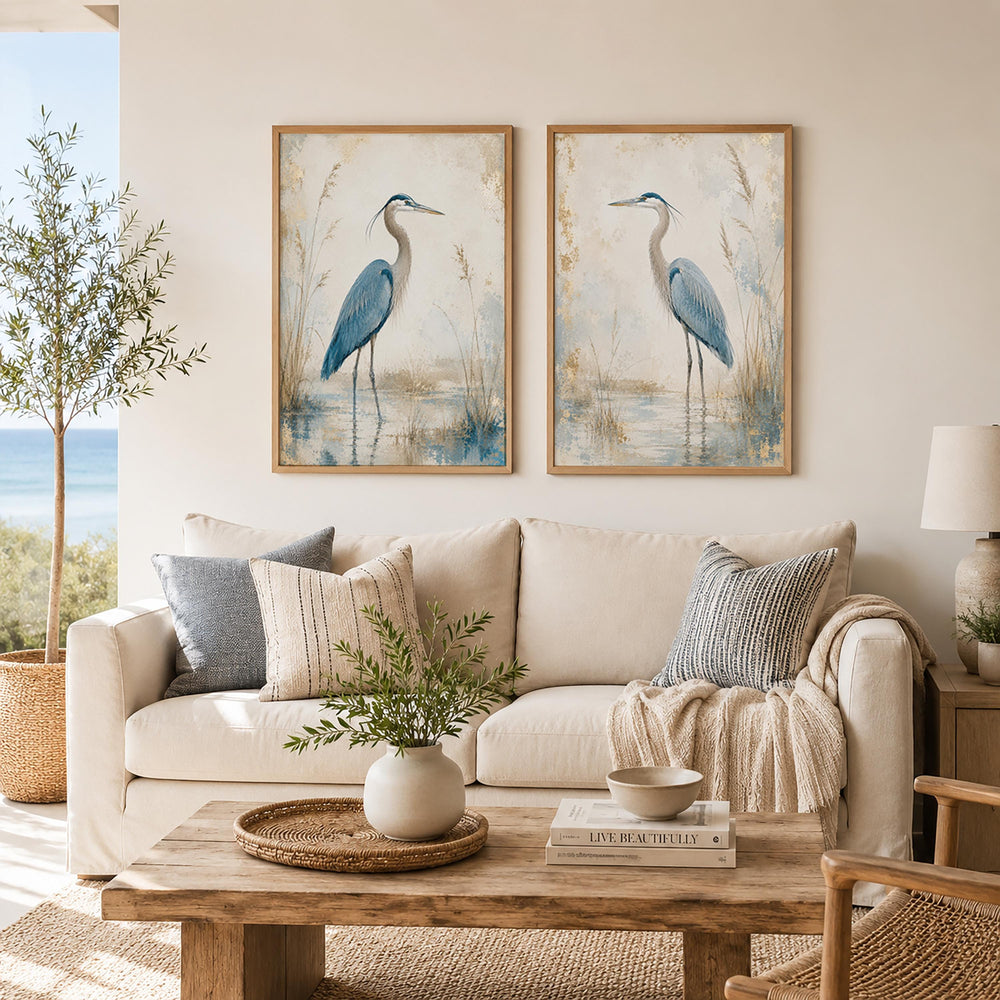 Set of 2 Blue Heron Canvas Wall Art, Coastal Bird Prints, Rustic Farmhouse Decor, Lake House Artwork, Nature Wall Decor Pair