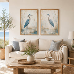 Set of 2 Blue Heron Canvas Wall Art, Coastal Bird Prints, Rustic Farmhouse Decor, Lake House Artwork, Nature Wall Decor Pair