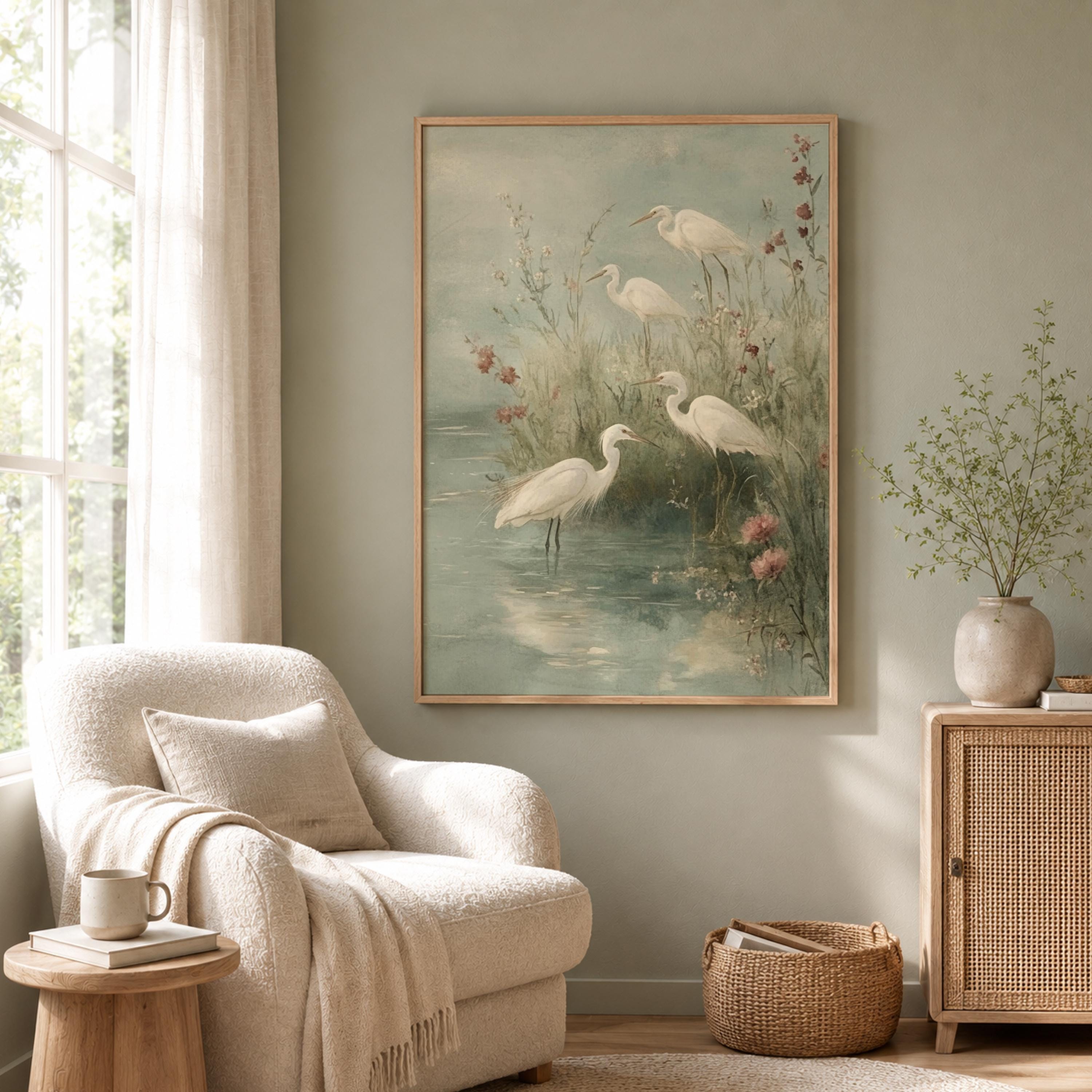 Soft Egret Shore Wall Art, Coastal Bird Canvas Print, Misty Marsh Poster, Watercolor Heron Artwork, Cottage Wetland Decor for Living Room