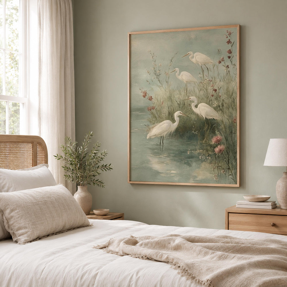 Soft Egret Shore Wall Art, Coastal Bird Canvas Print, Misty Marsh Poster, Watercolor Heron Artwork, Cottage Wetland Decor for Living Room