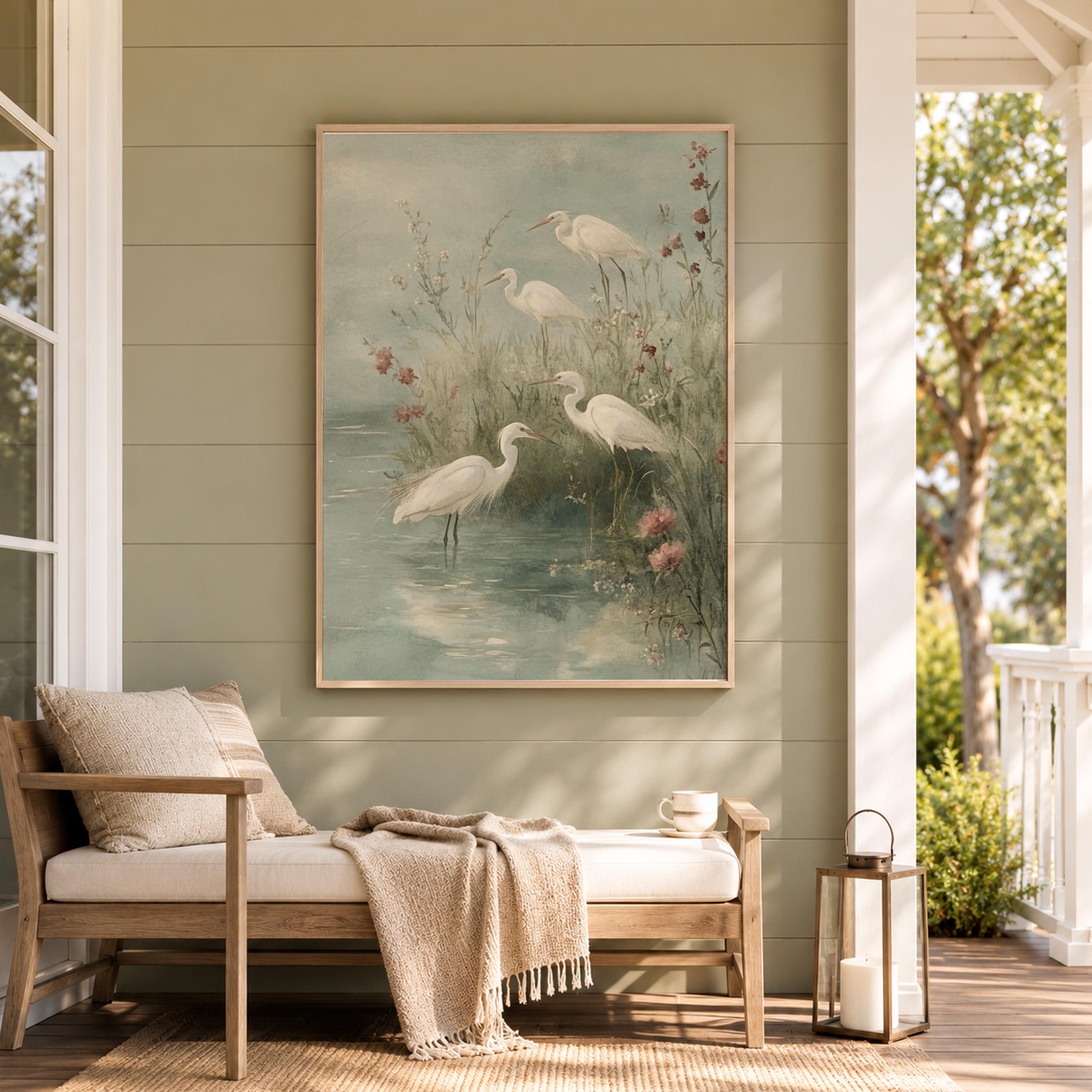 Soft Egret Shore Wall Art, Coastal Bird Canvas Print, Misty Marsh Poster, Watercolor Heron Artwork, Cottage Wetland Decor for Living Room