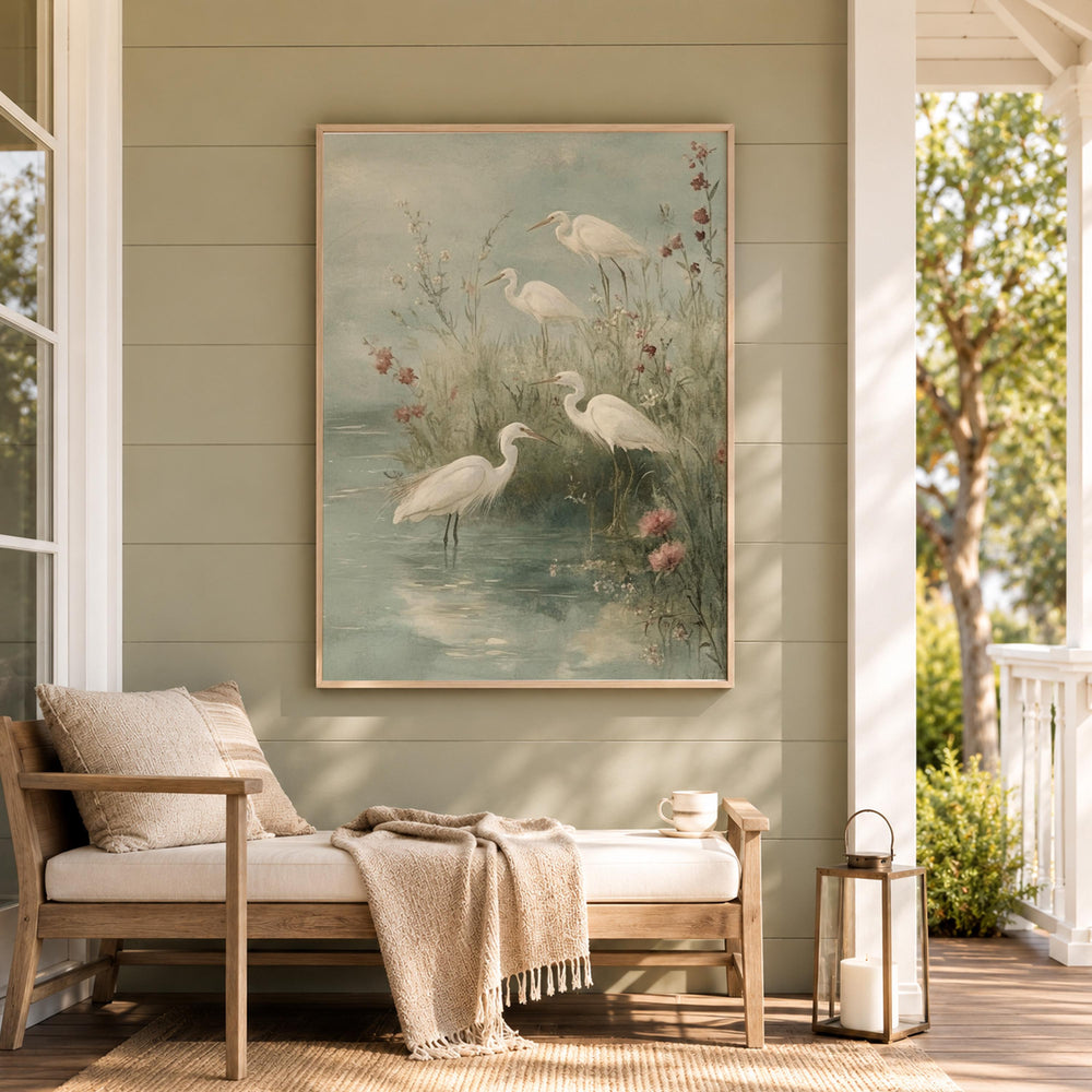 Soft Egret Shore Wall Art, Coastal Bird Canvas Print, Misty Marsh Poster, Watercolor Heron Artwork, Cottage Wetland Decor for Living Room