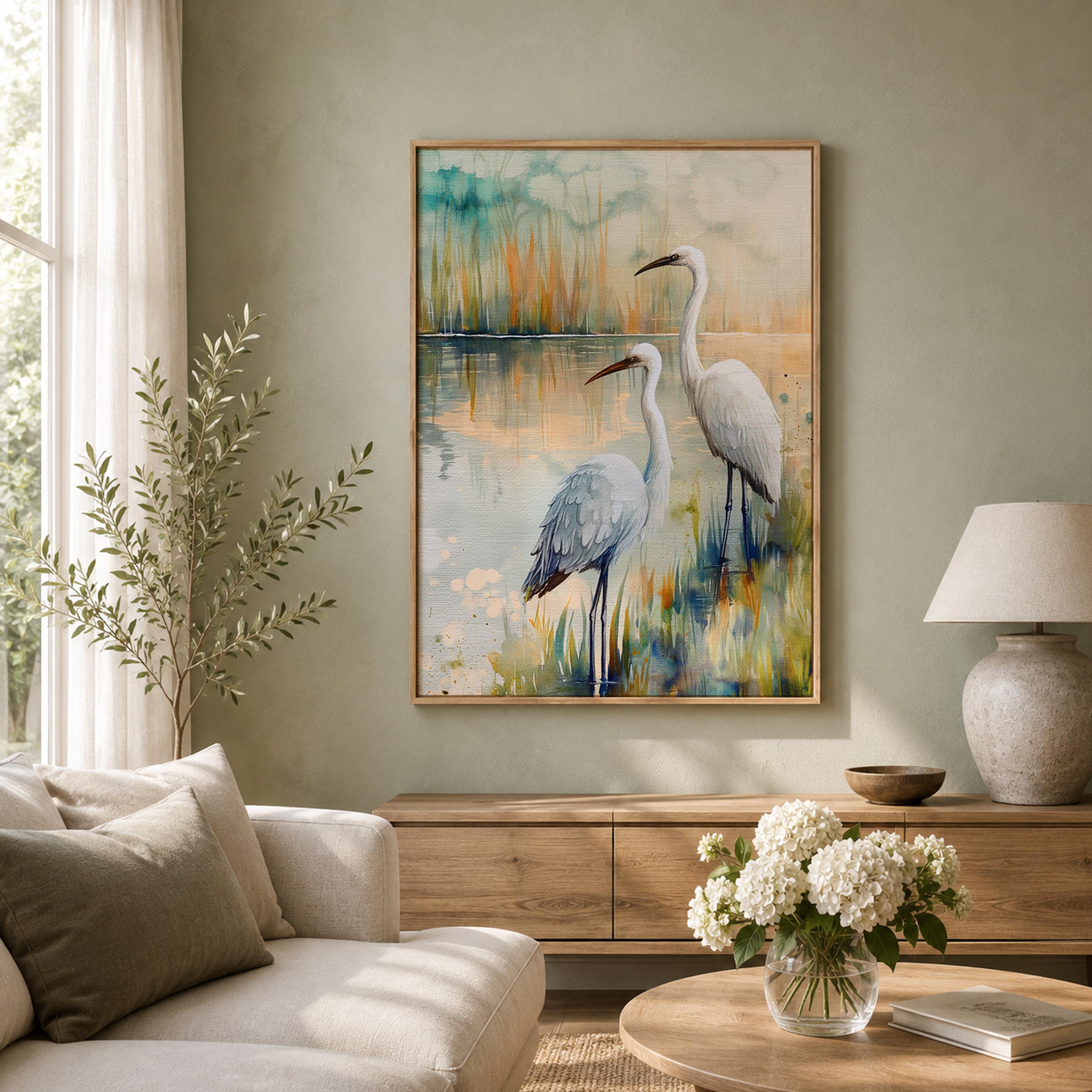 White Egret Marsh Wall Art, Coastal Bird Canvas Print, Watercolor Wetland Poster, Blue Lake Heron Decor for Bedroom, Serene Home Accent