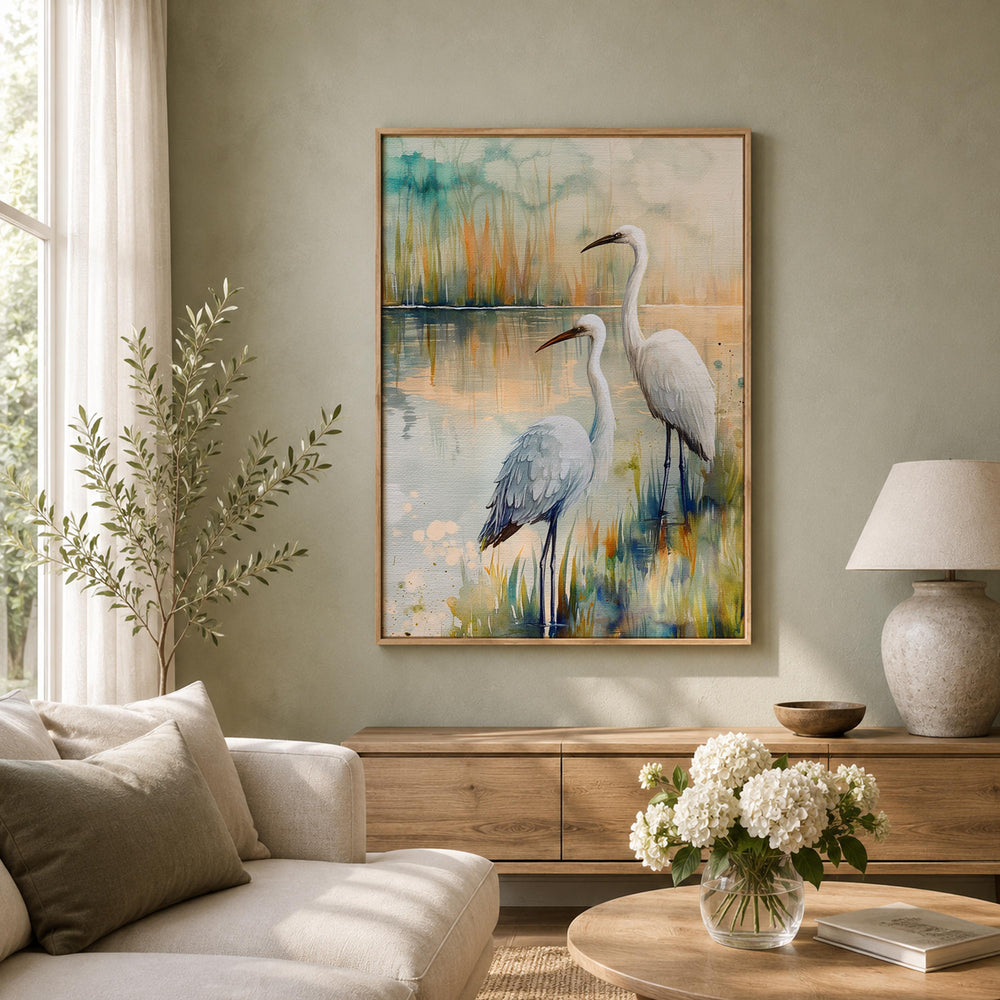 White Egret Marsh Wall Art, Coastal Bird Canvas Print, Watercolor Wetland Poster, Blue Lake Heron Decor for Bedroom, Serene Home Accent