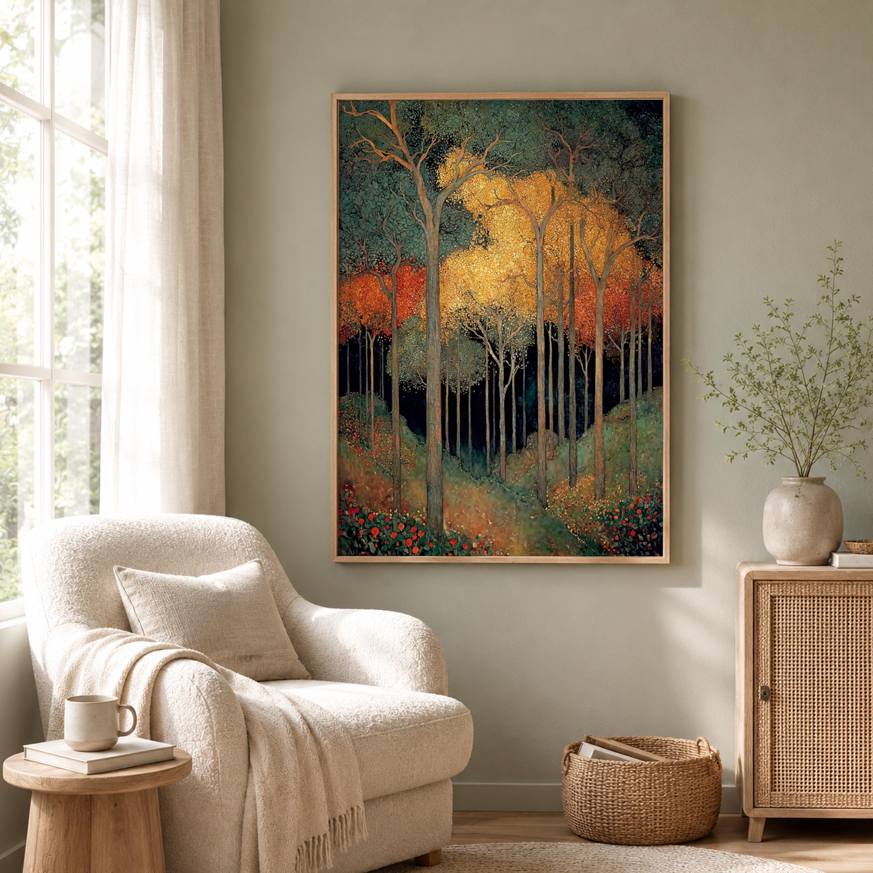 William Morris Forest Wall Art, Golden Woodland Canvas Print, Vintage Botanical Tree Poster, Dark Cottage Home Decor, Nature Lover Gift