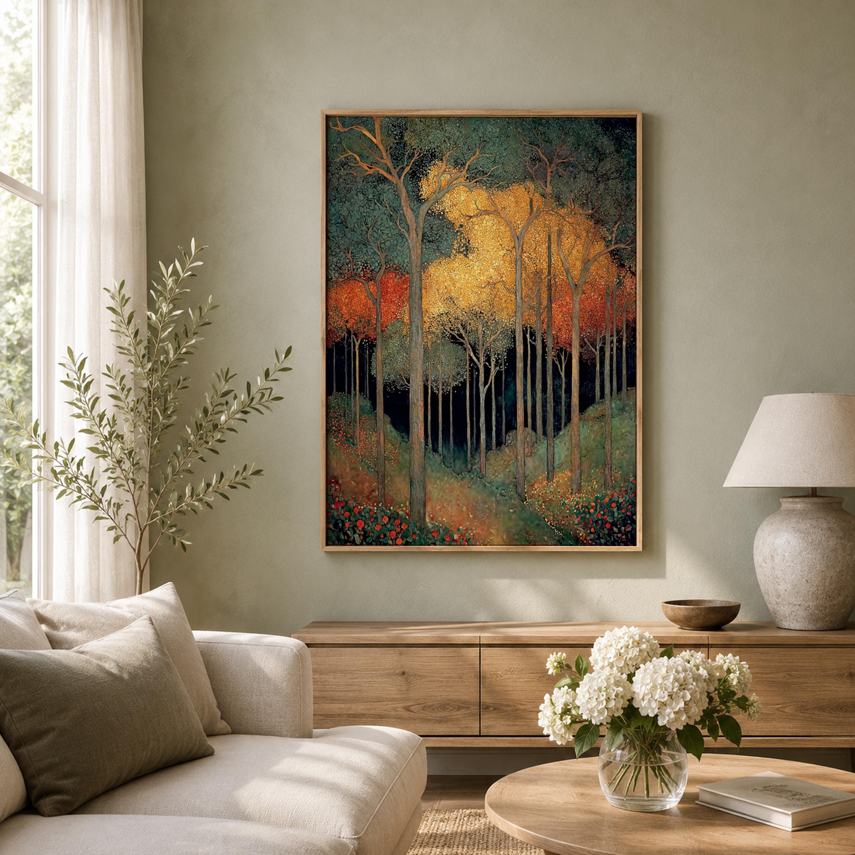 William Morris Forest Wall Art, Golden Woodland Canvas Print, Vintage Botanical Tree Poster, Dark Cottage Home Decor, Nature Lover Gift