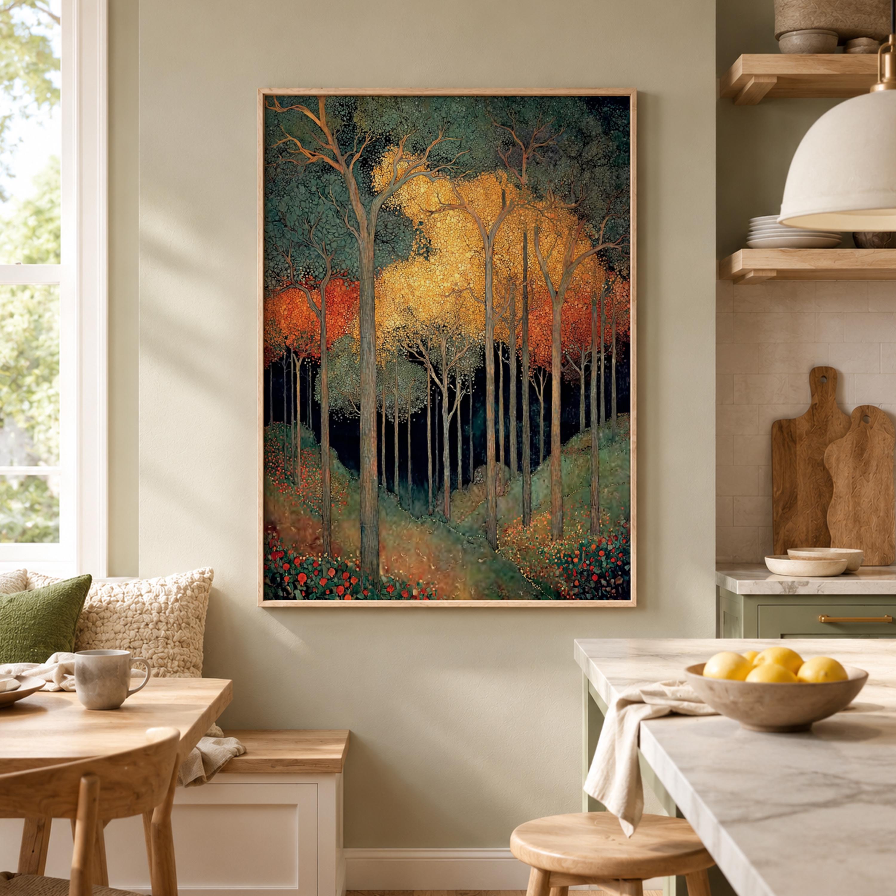 William Morris Forest Wall Art, Golden Woodland Canvas Print, Vintage Botanical Tree Poster, Dark Cottage Home Decor, Nature Lover Gift