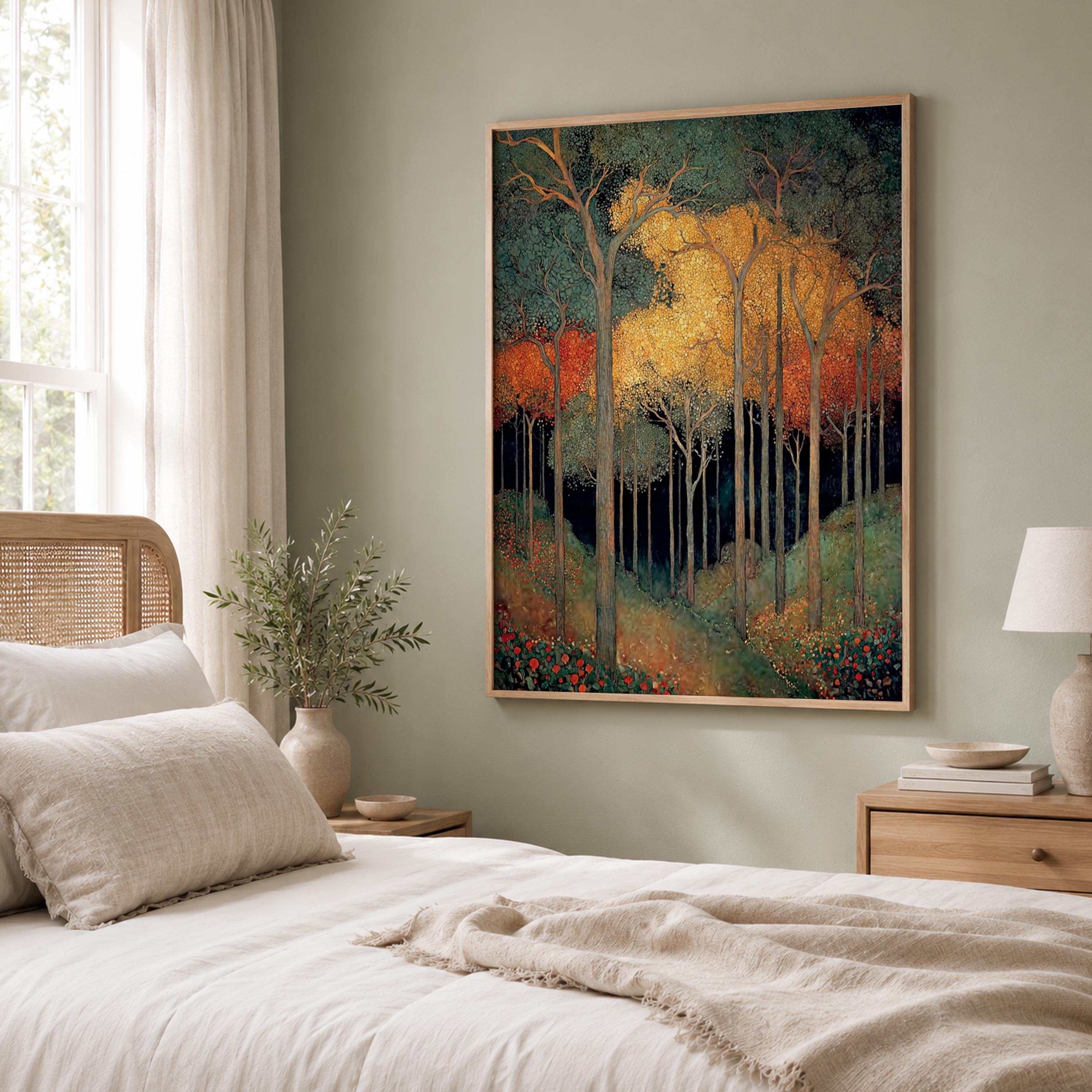 William Morris Forest Wall Art, Golden Woodland Canvas Print, Vintage Botanical Tree Poster, Dark Cottage Home Decor, Nature Lover Gift