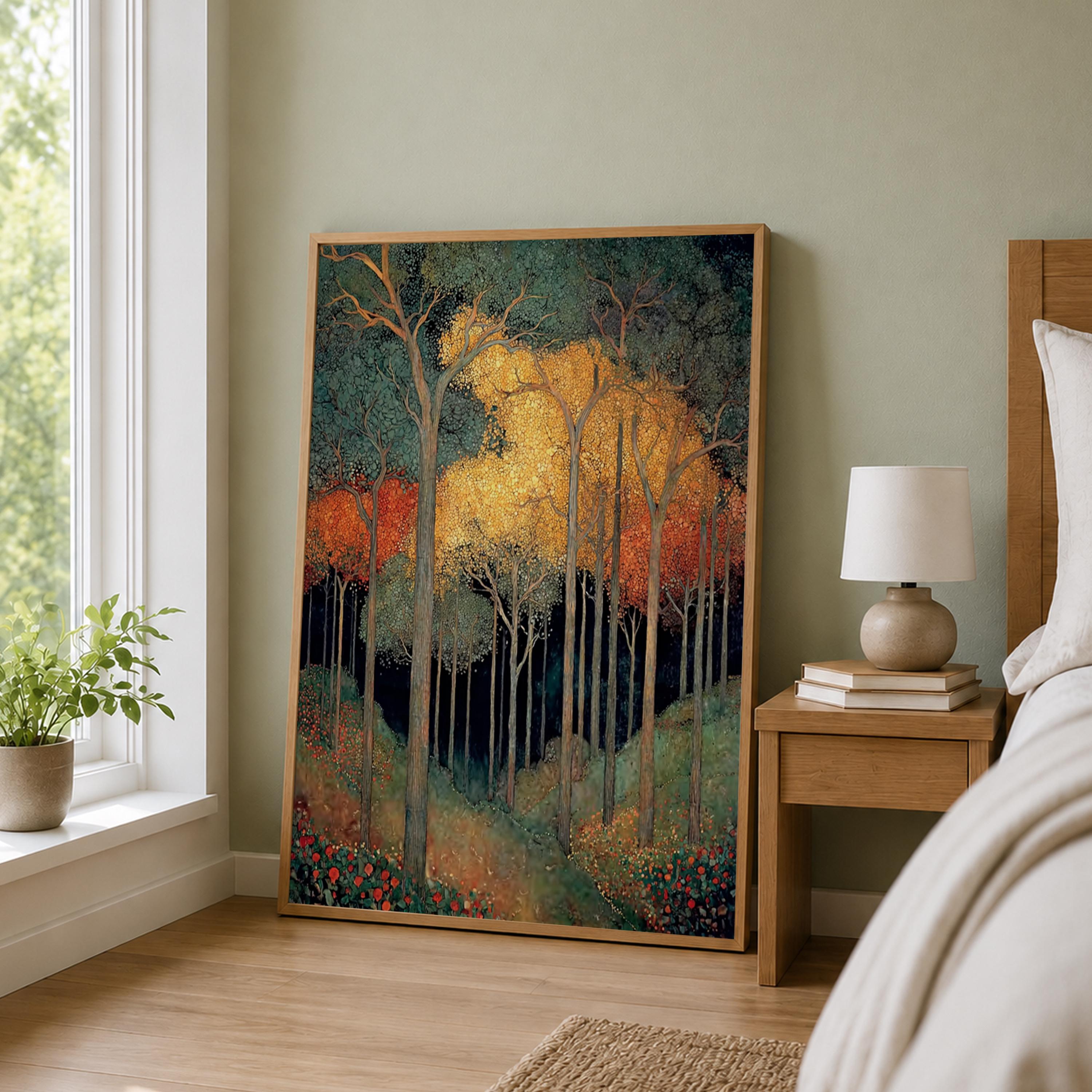 William Morris Forest Wall Art, Golden Woodland Canvas Print, Vintage Botanical Tree Poster, Dark Cottage Home Decor, Nature Lover Gift