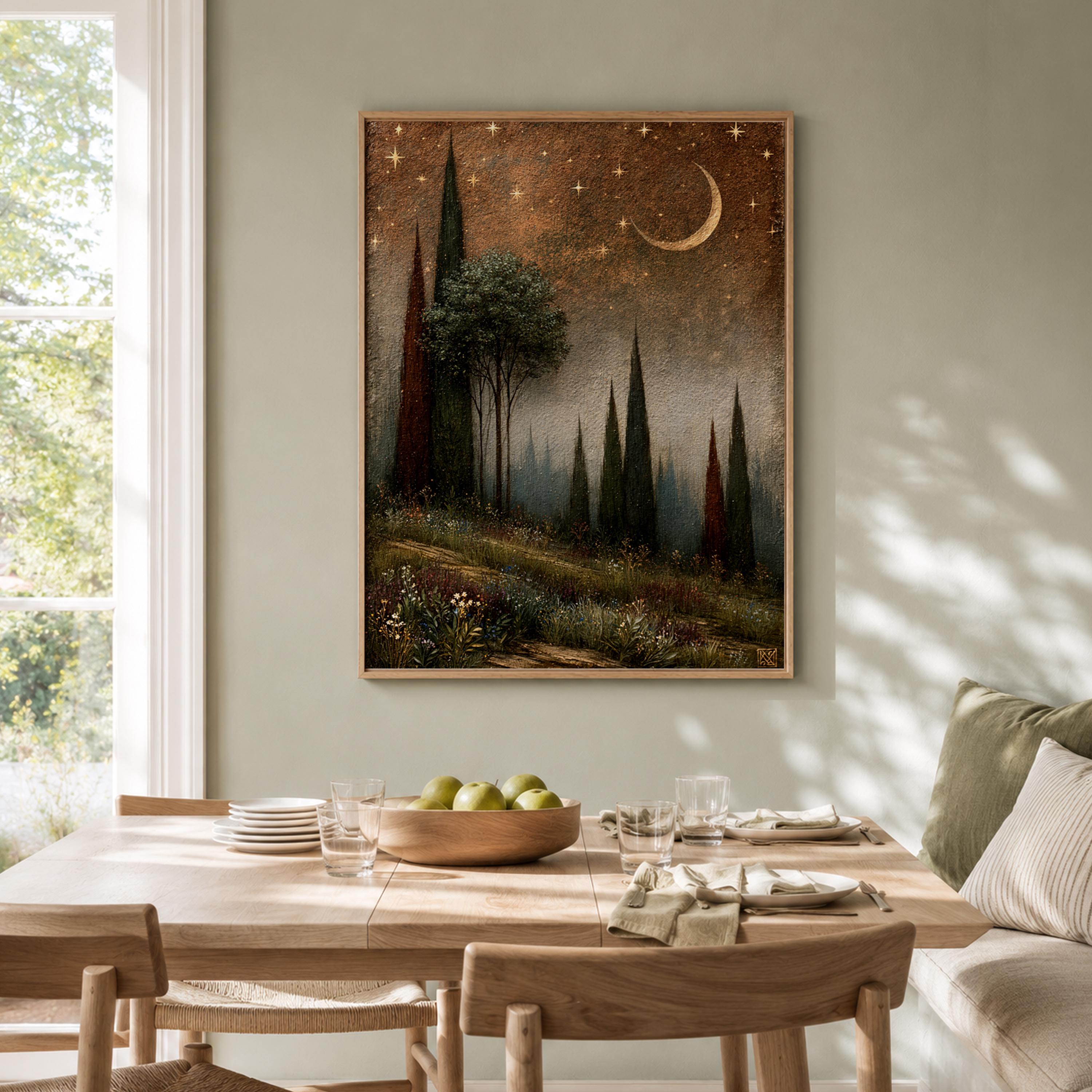 Moonlit Cypress Forest Wall Art, Dark Woodland Canvas Print, Crescent Moon Poster, Moody Starry Night Home Decor, Gothic Nature Lover Gift