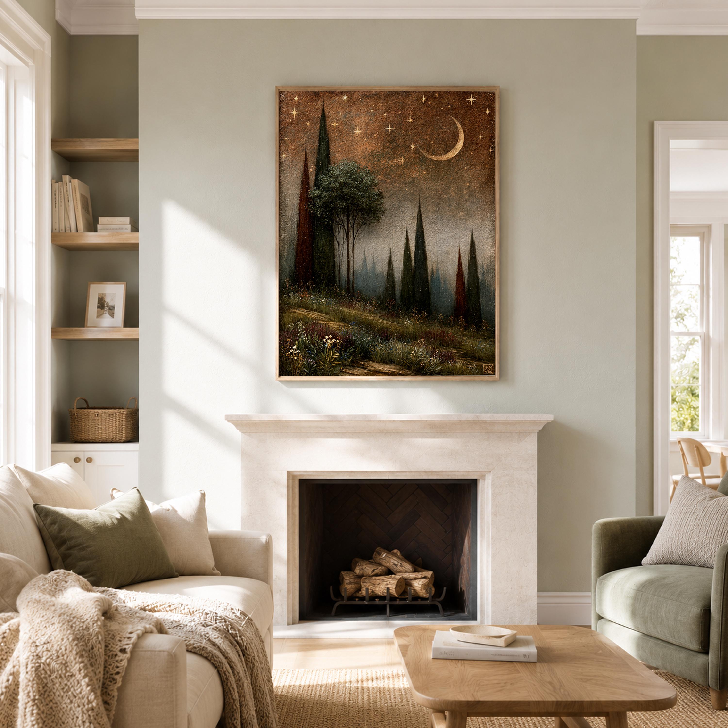 Moonlit Cypress Forest Wall Art, Dark Woodland Canvas Print, Crescent Moon Poster, Moody Starry Night Home Decor, Gothic Nature Lover Gift