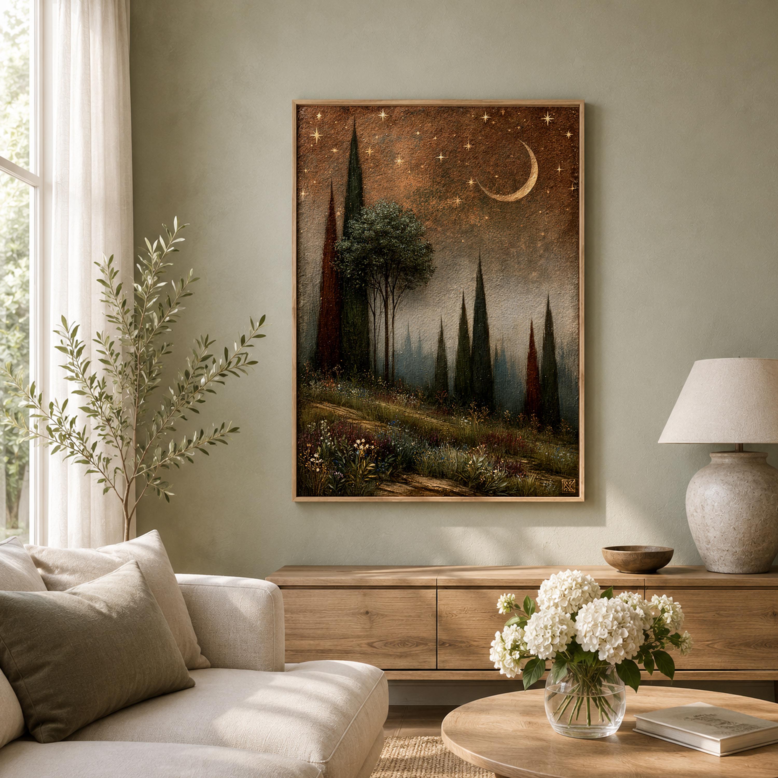 Moonlit Cypress Forest Wall Art, Dark Woodland Canvas Print, Crescent Moon Poster, Moody Starry Night Home Decor, Gothic Nature Lover Gift