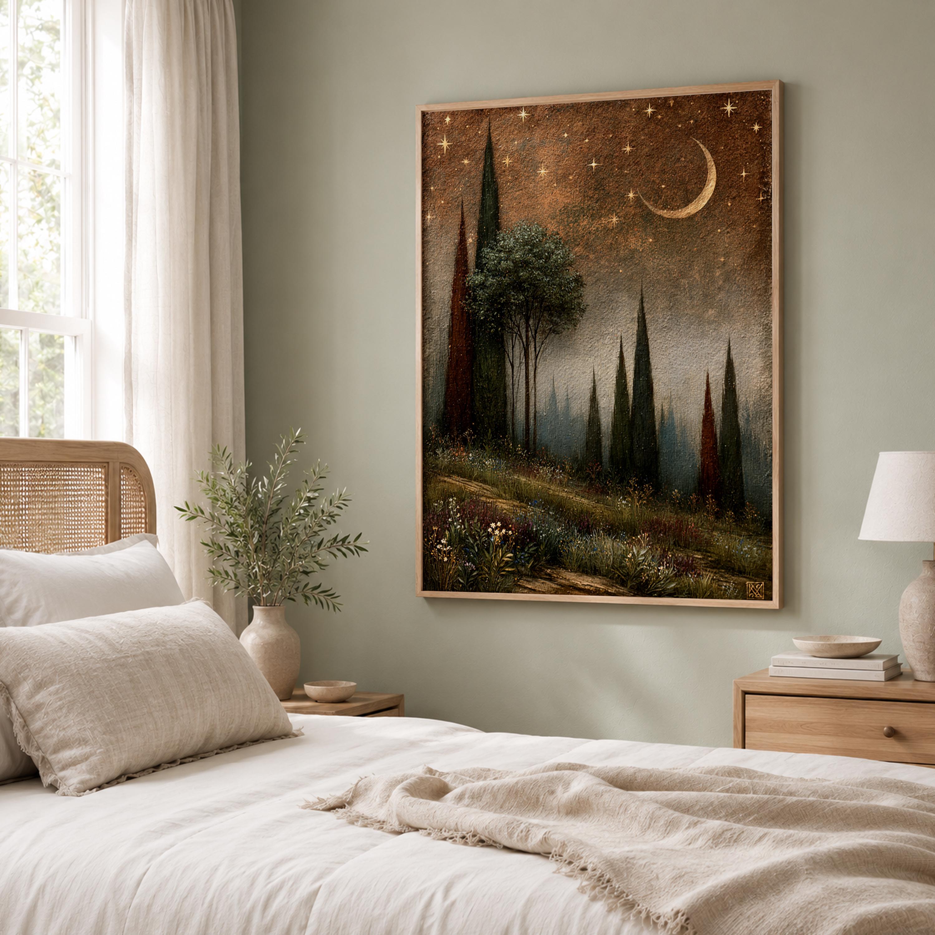 Moonlit Cypress Forest Wall Art, Dark Woodland Canvas Print, Crescent Moon Poster, Moody Starry Night Home Decor, Gothic Nature Lover Gift