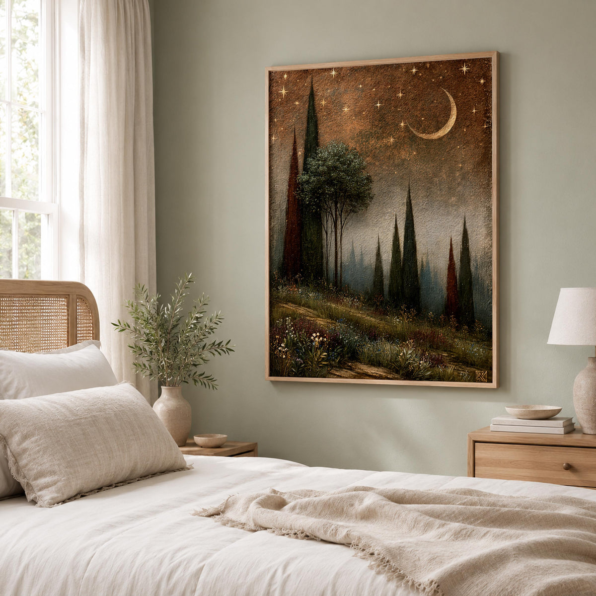 Moonlit Cypress Forest Wall Art, Dark Woodland Canvas Print, Crescent Moon Poster, Moody Starry Night Home Decor, Gothic Nature Lover Gift