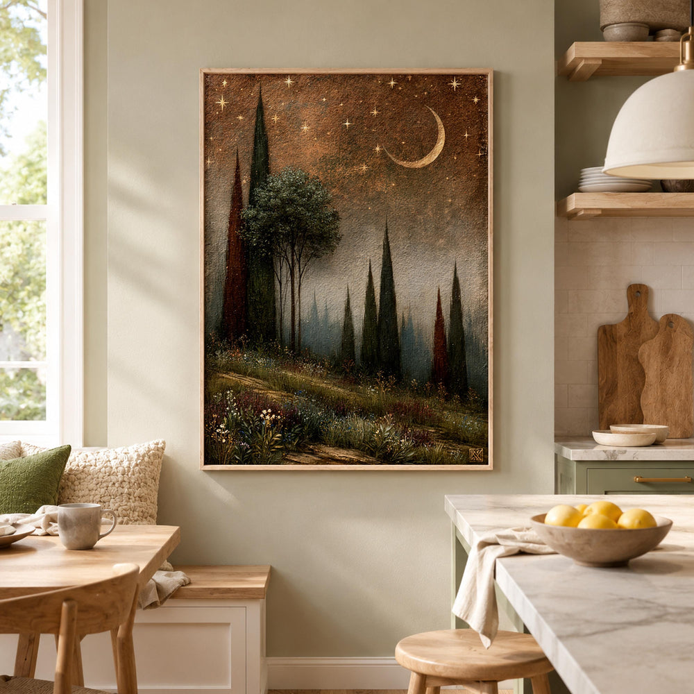 Moonlit Cypress Forest Wall Art, Dark Woodland Canvas Print, Crescent Moon Poster, Moody Starry Night Home Decor, Gothic Nature Lover Gift